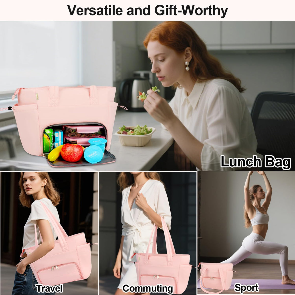 Veirdro Work Laptop Tote Bag for Women with Insulated Lunch Compartment, Lightweight Puffy Lunch Tote Bag with 15.6 Inch Laptop Compartment, Quilted Laptop Bags for Office Commuter Teacher Nurse Pink