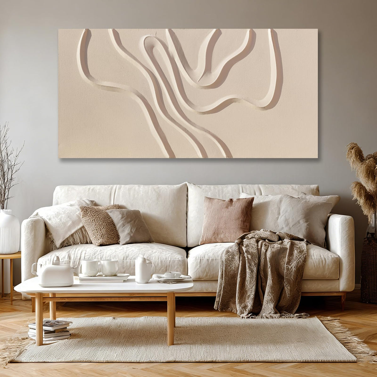 Hue7Art Abstract Beige Canvas Wall Art Modern Minimalist Geometric Hand Painting Artwork for Living Room Bedroom Office Neutral Wall Decor 24x48 Inch