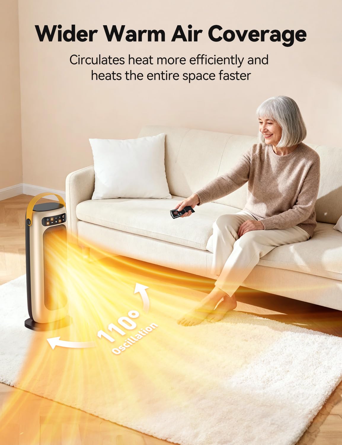 KQPZ Space Heater, 1500W PTC Ceramic Electric Heaters for Indoor Use with Remote, 4 Levels Room Heater with LED Touch Display, 110° Oscillation,10H Timer,Fast & Safe Portable Heater for Bedroom Office