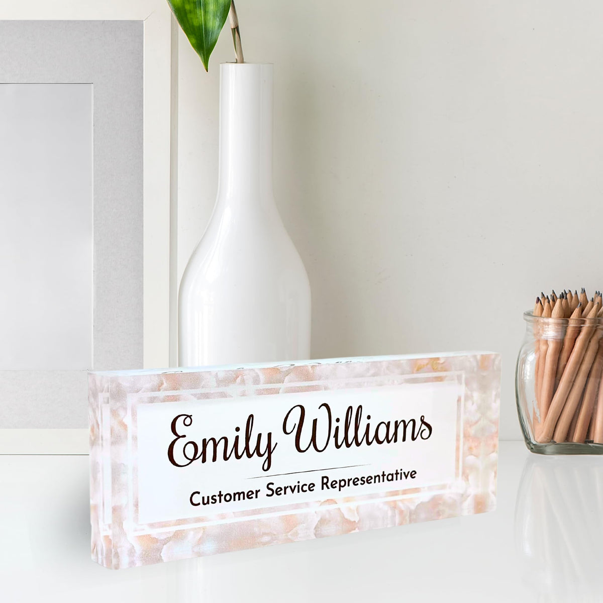 Customized Clear Acrylic Thick 8x3" Desk Name Plate Block with Personalized Logo - Professional Office Decor - Customized Acrylic Plate Gift for Teacher Co-workers (Mother of Pearl)