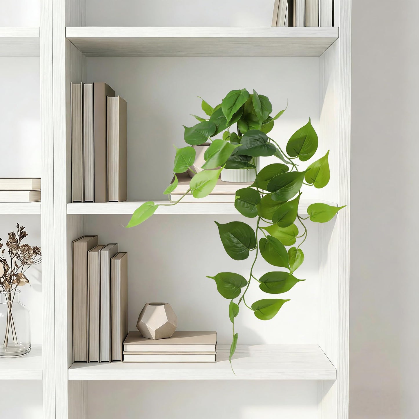 WucaFl Fake Pothos Hanging Plant – Artificial Plastic Ivy Vines with White Pot, Realistic Faux Greenery for Indoor Home Office Bathroom Shelf Cabinet Decoration