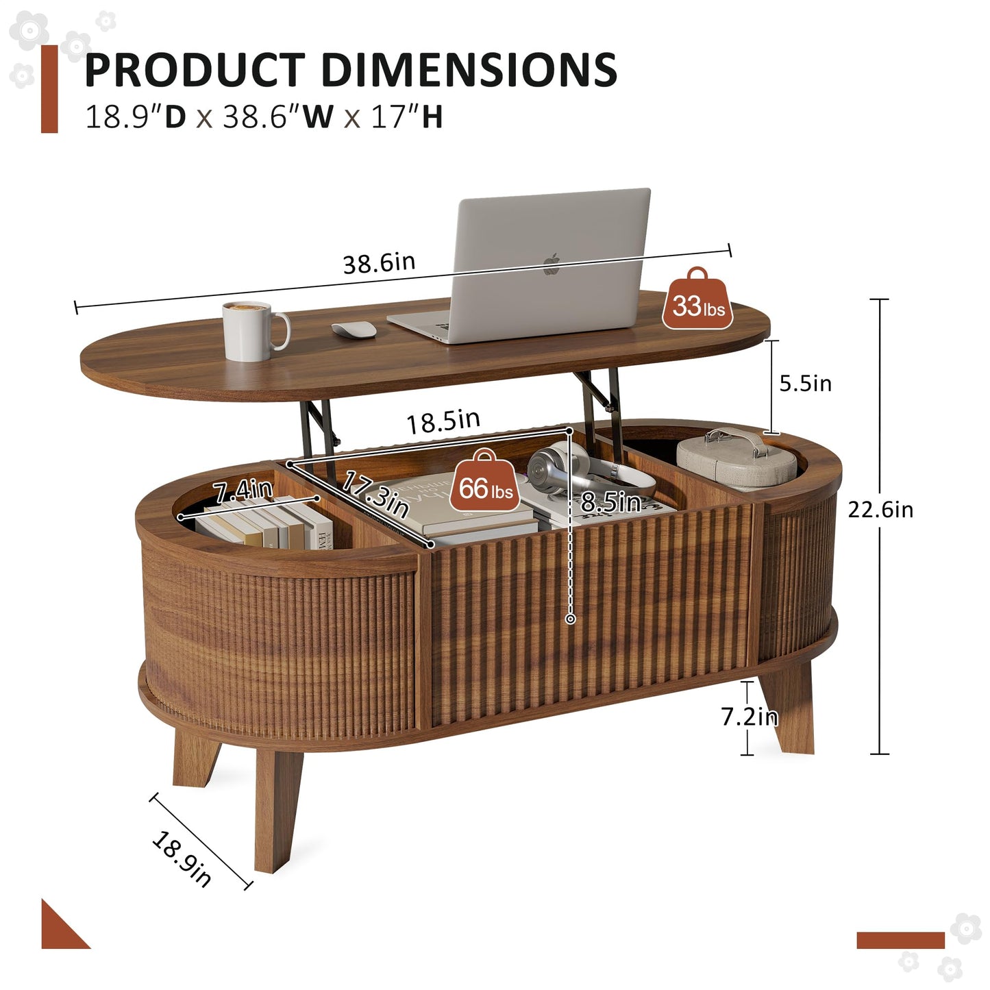LYNCOHOME Fluted Lift Top Coffee Table with Storage,Modern Oval Coffee Table for Living Room or Home Office（Walnut）