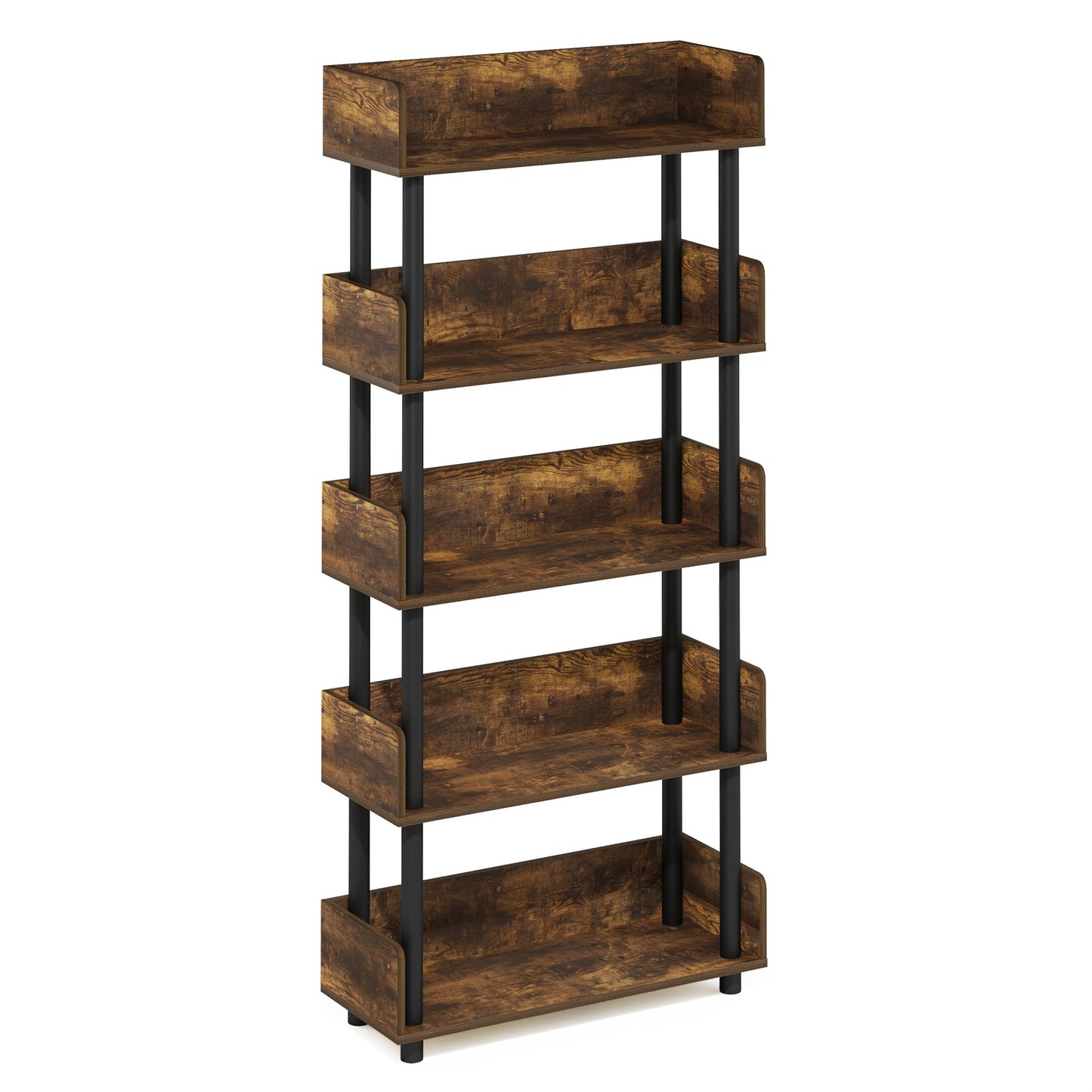 Furinno TURN-N-TUBE 5-Tier Display Shelf, Storage Shelves, Book Shelf, Open Shelves with Rounded Corner Top Edges, for Organization and Storage, Living Room, Home Office, Amber Pine