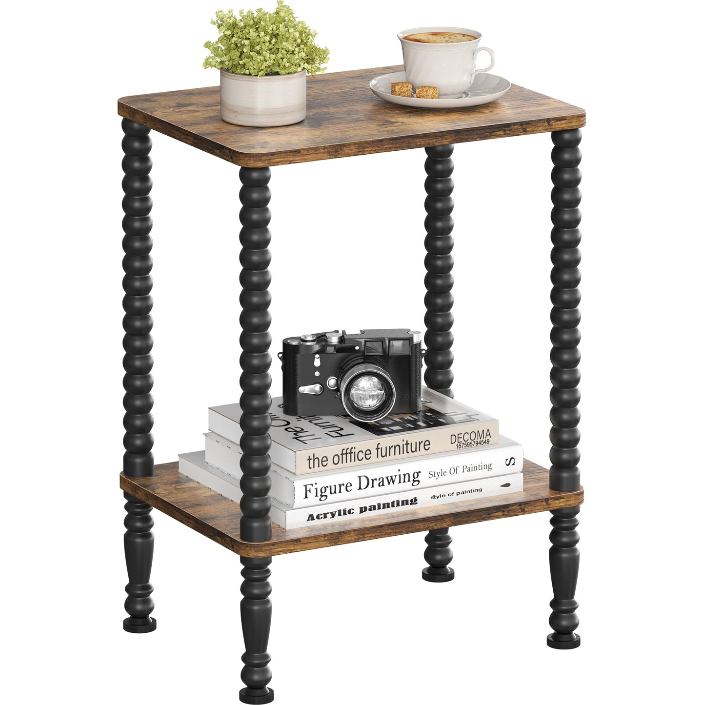 Homedawn Side Table, Small End Table, 2-Tier Nightstand with Storage Shelves, Coffee Table for Small Spaces, Curved Design, Sofa Table for Living Room, Bedroom, Rustic Brown and Black