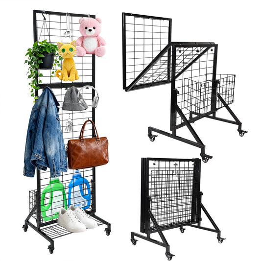 APshouhu Foldable Grid Wall Panels, Gridwall Panels with Folding Baskets, Tool-Free Assembly and Folding, for Storage and Retail Merchandise Display (Black)