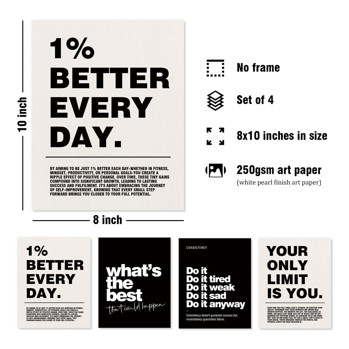 DSHFG Motivational Inspirational Office Wall Art Decor Prints Set of 4, Black Motivational Wall Decor Trendy Retro Posters for Office Home Decor, 8x10 Unframed