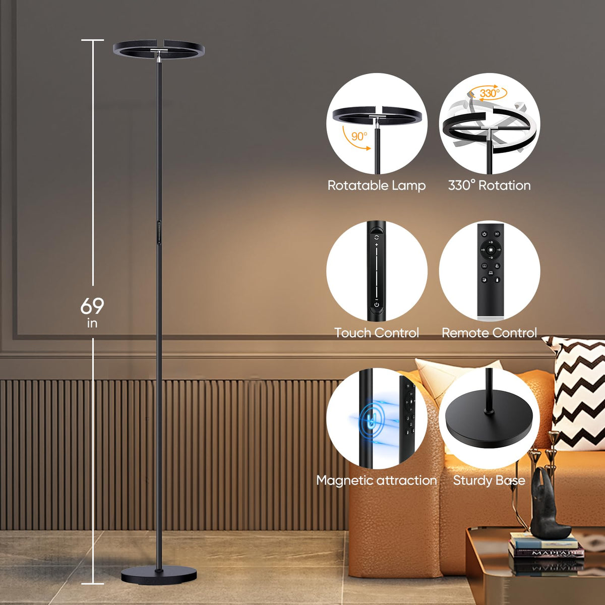 SIBRILLE LED Floor Lamp - Rotatable Standing Lamp with Touch & Remote Control, 3000-6000K, 22W Modern Floor Reading Light, Dimmable Corner Uplighter for Living Room Bedroom Office, Black