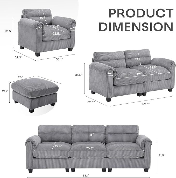 HAOMARKETS Corduroy 3-Piece Sofa Set, Upholstered Ottoman, Loveseat 2-Seater