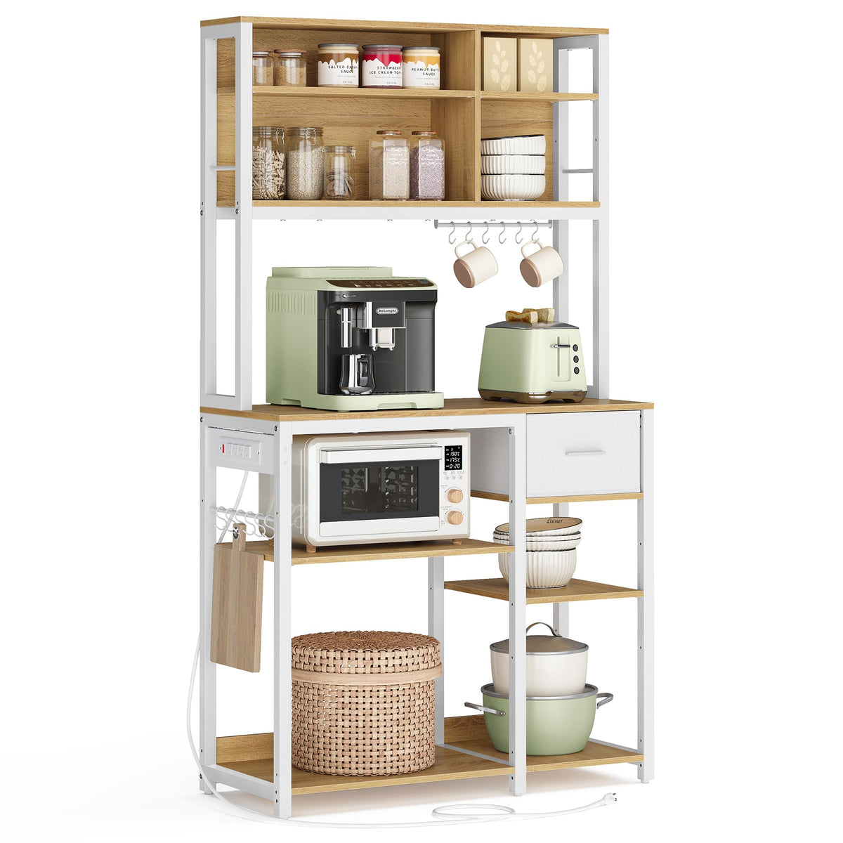 VASAGLE Bakers Rack with Charging Station, Coffee Bar, 15.7 x 31.5 x 71 Inches, Kitchen Microwave Stand, Adjustable Storage Shelves, Fabric Drawer, 12 Hooks, Golden Oak and Cloud White UKKS015Y03