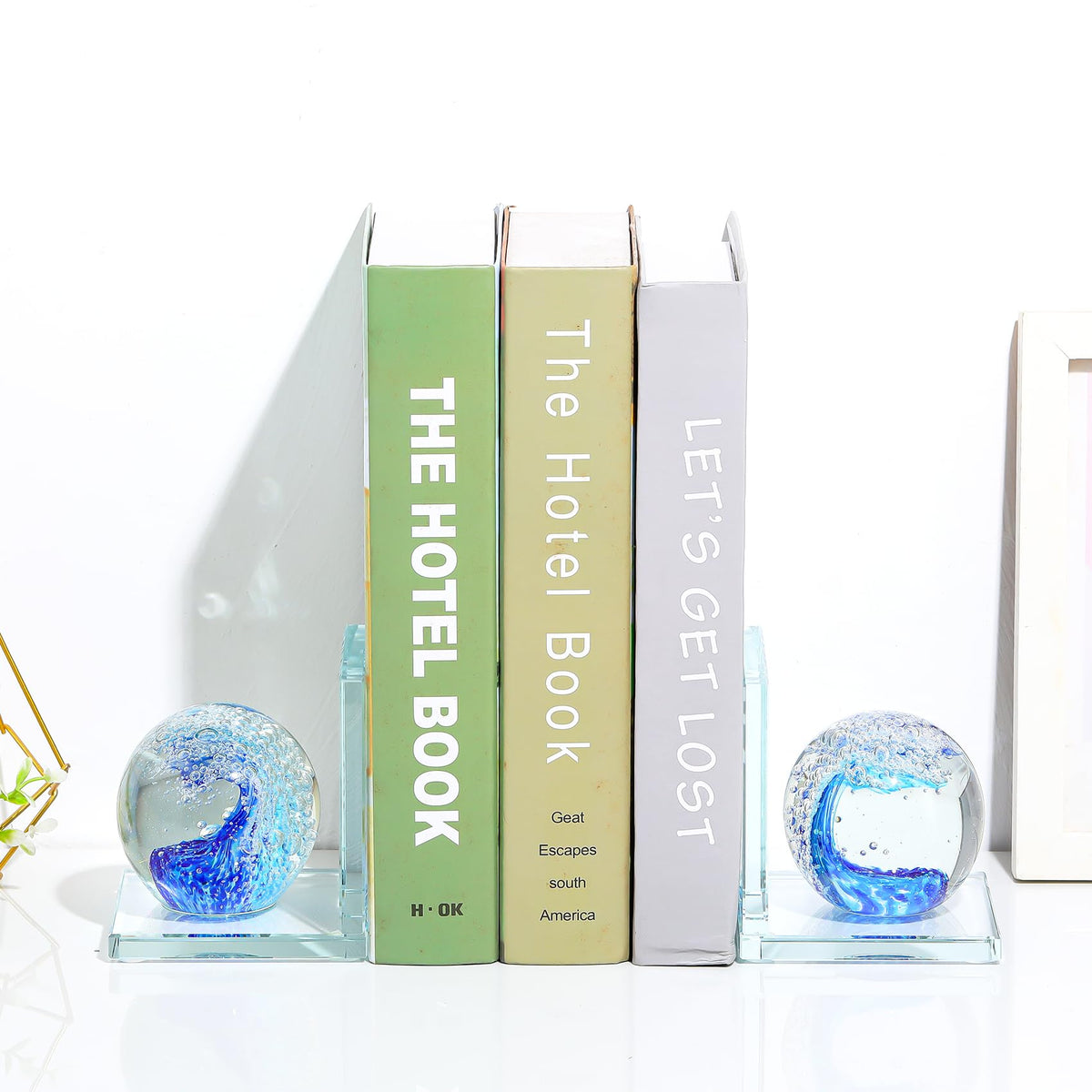 Arikyrist 1 Pair Crystal Bookends for Heavy Books with Hand Blown Ocean Waves Ball Glass Decorative Non Skid Bookends for Bookshelf Office Home (Blue)