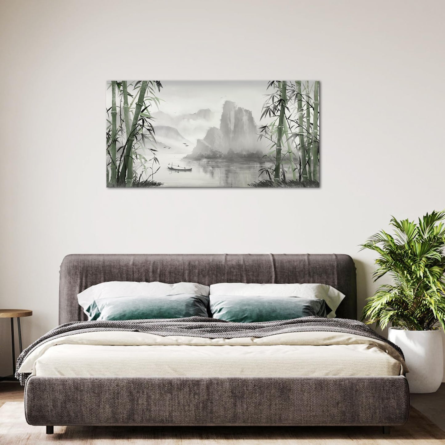 Biuteawal Black and White Nature Landscape Wall Art Green Bamboo Picture Canvas Artwork Chinese Style Shanshui Painting Home Office Decor Framed