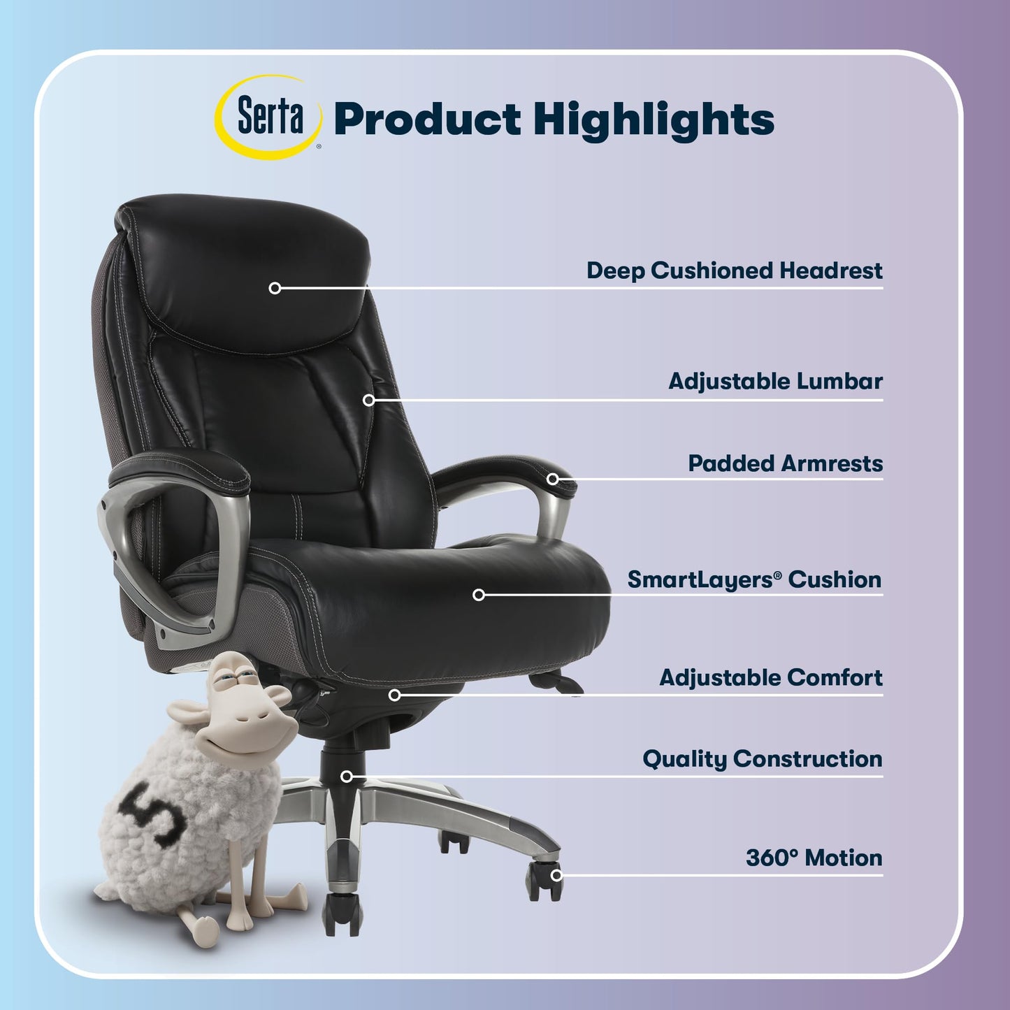 Serta Lautner Executive Home Office Desk Chair, Ergonomic High-Back with Adjustable Lumbar & Body Pillows, SmartLayers and ComfortCoils Technology, Mesh and Bonded Leather, Black/ Gray