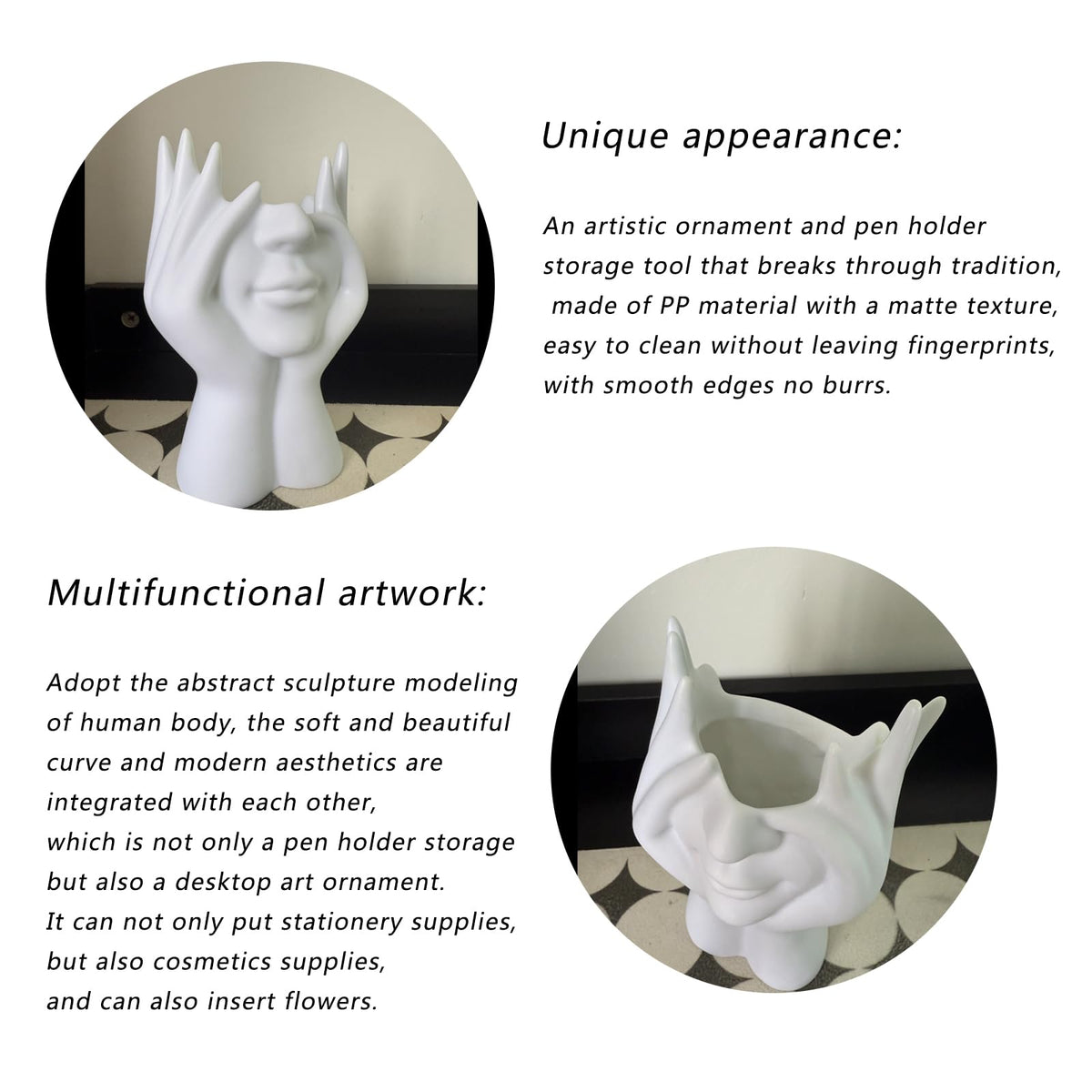Abstract Human Body Art Tabletop Sculpture Makeup Brush Holder & Office Desk Pen Holder, Multi-Use Home Office Desk Decor, White Face Figurine Gift for Women Men