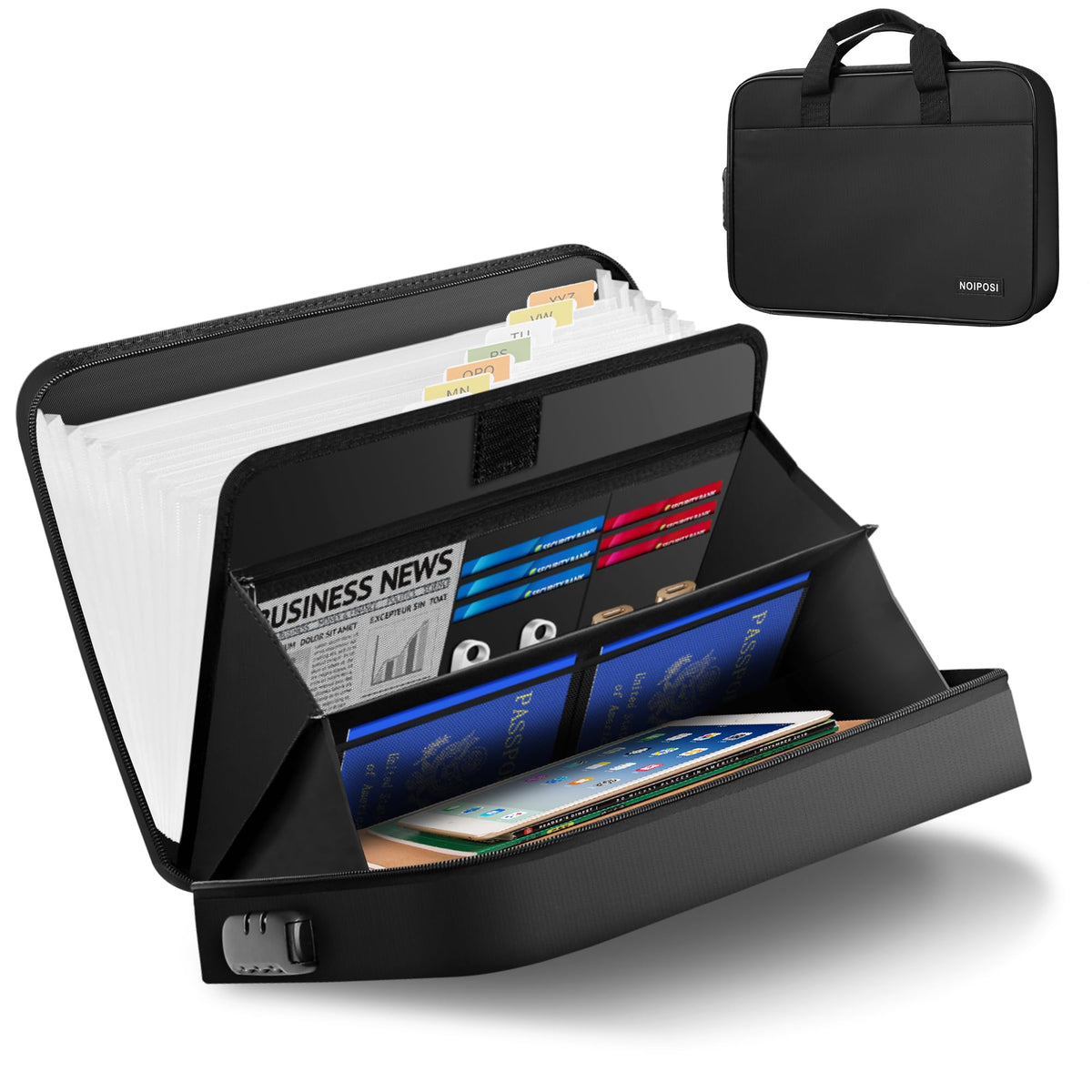 Noiposi Accordion Fille Organizer with Lock,Waterproof and Fireproof Document Folder with 13 Pocket,Fireproof Safe Document File Folder for Important Document,File Money and Passport