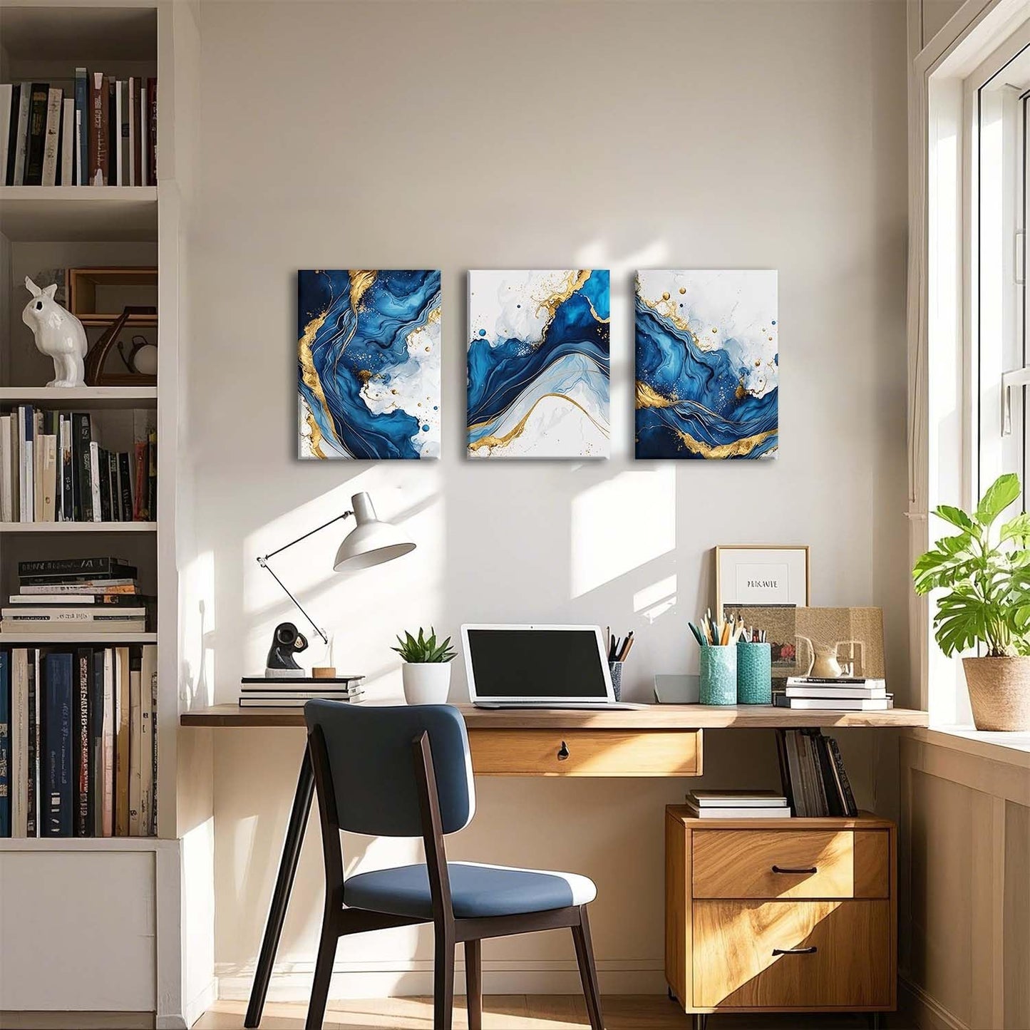 ZQARTZZQ 3 Piece Framed Wall Art Abstract Wall Decor Navy Blue and Gold Pictures Marble Foil Canvas Art Modern Minimalism Paintings Artwork For Living Room Bedroom Office 12x16in