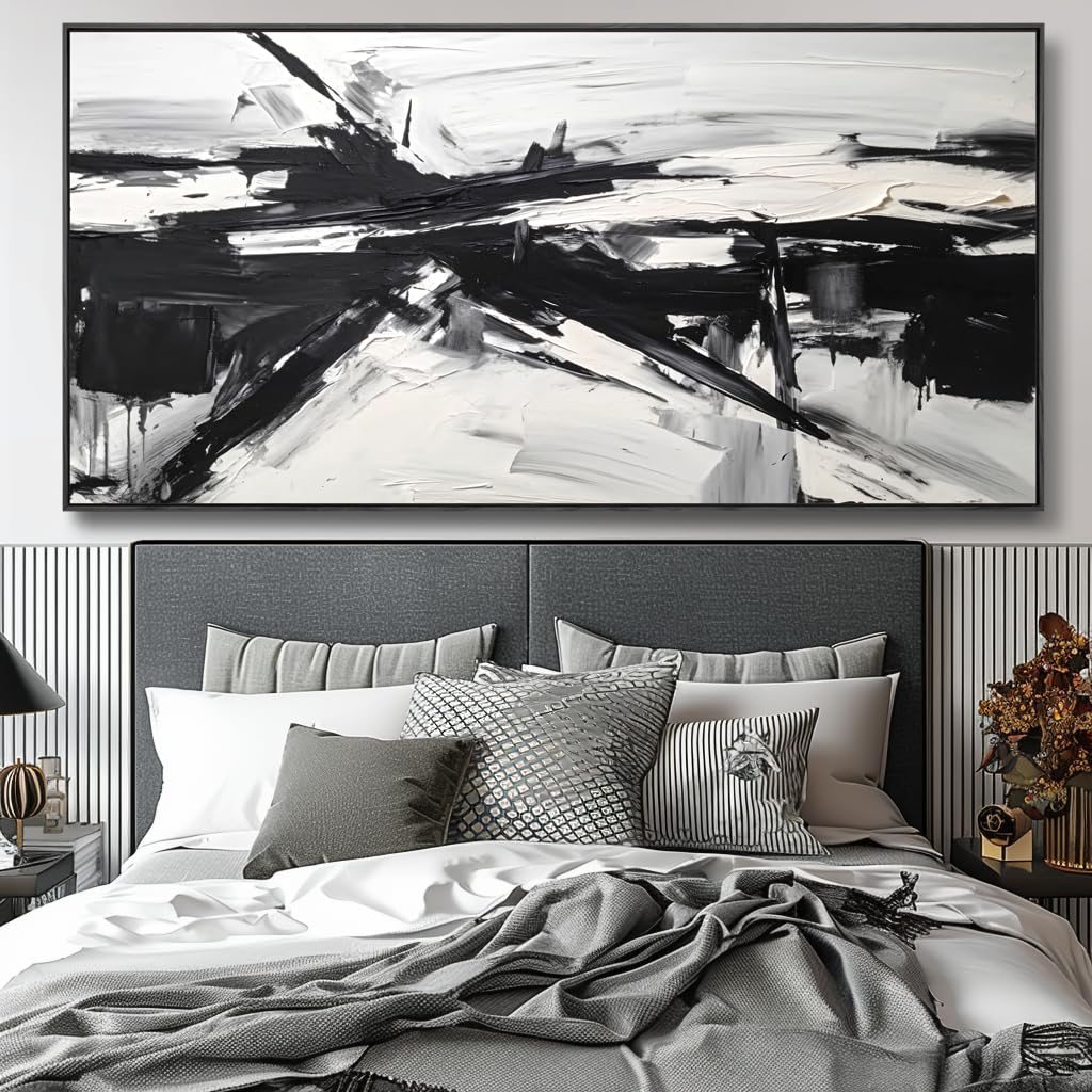 Wall Art Abstract Canvas Painting Black and White Modern Artwork for Living Room Bedroom Dining Room Home Office Decor 20"x40" with Framed