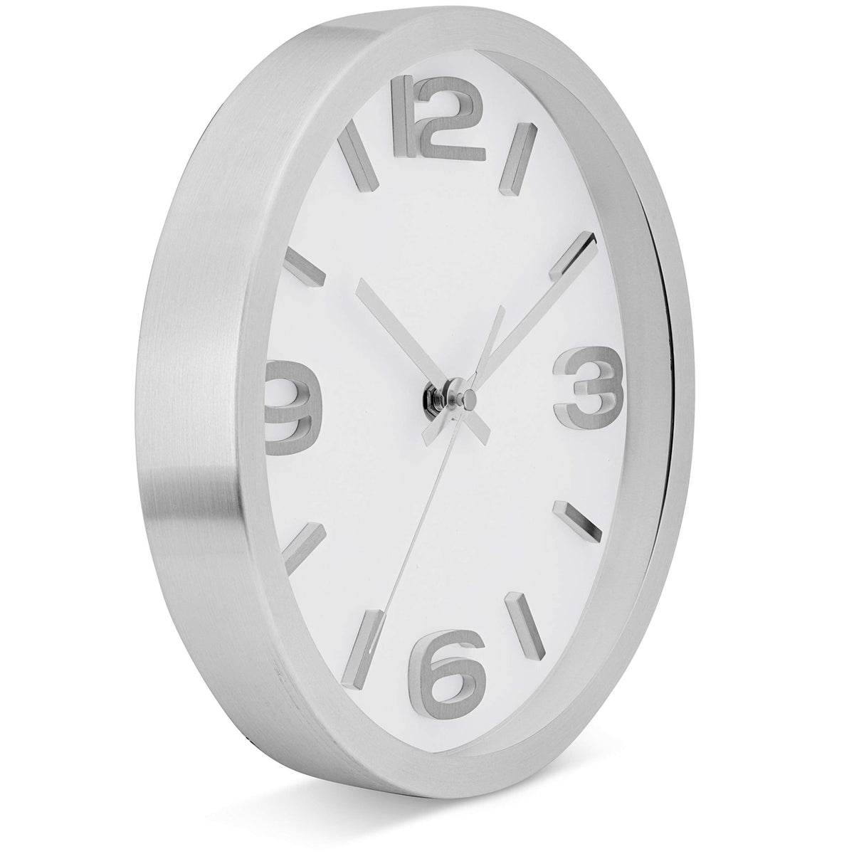 Bernhard Products Modern Wall Clock 10 Inch Silver Silent Non Ticking Battery Operated Round Elegant Metal Quality Quartz for Kitchen Home Office Clock with 3D Numbers, Easy to Read