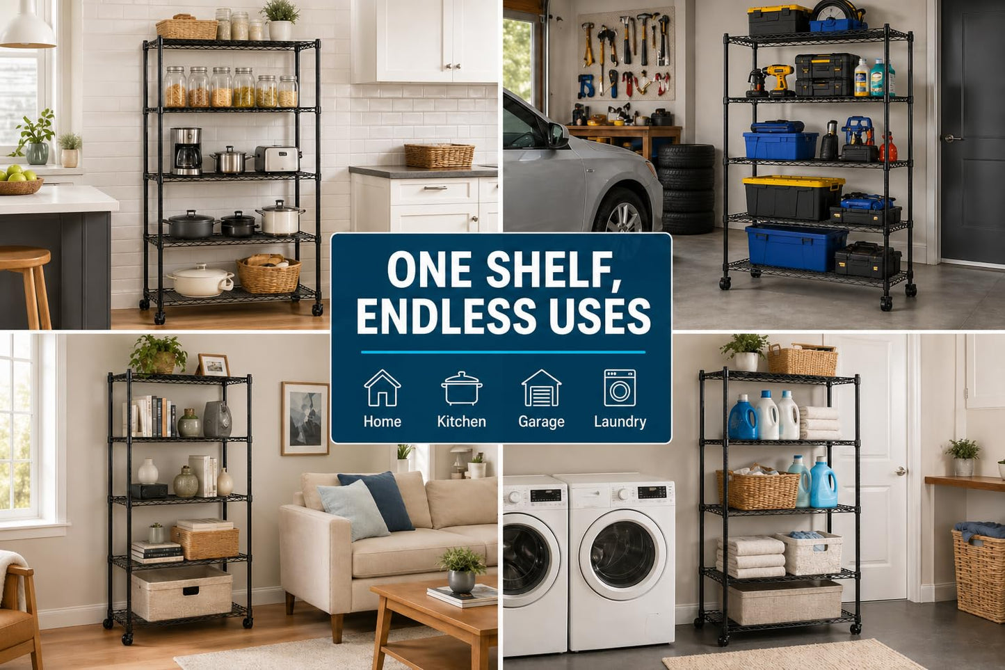 Simple Deluxe 5-Tier Heavy Duty Adjustable Shelf with Wheels, 23.23”W x 13.39”D x 59.45”H,Metal Storage Rack, Easy Tool-Free Assembly for Garage, Warehouse, Basement, Laundry, Black