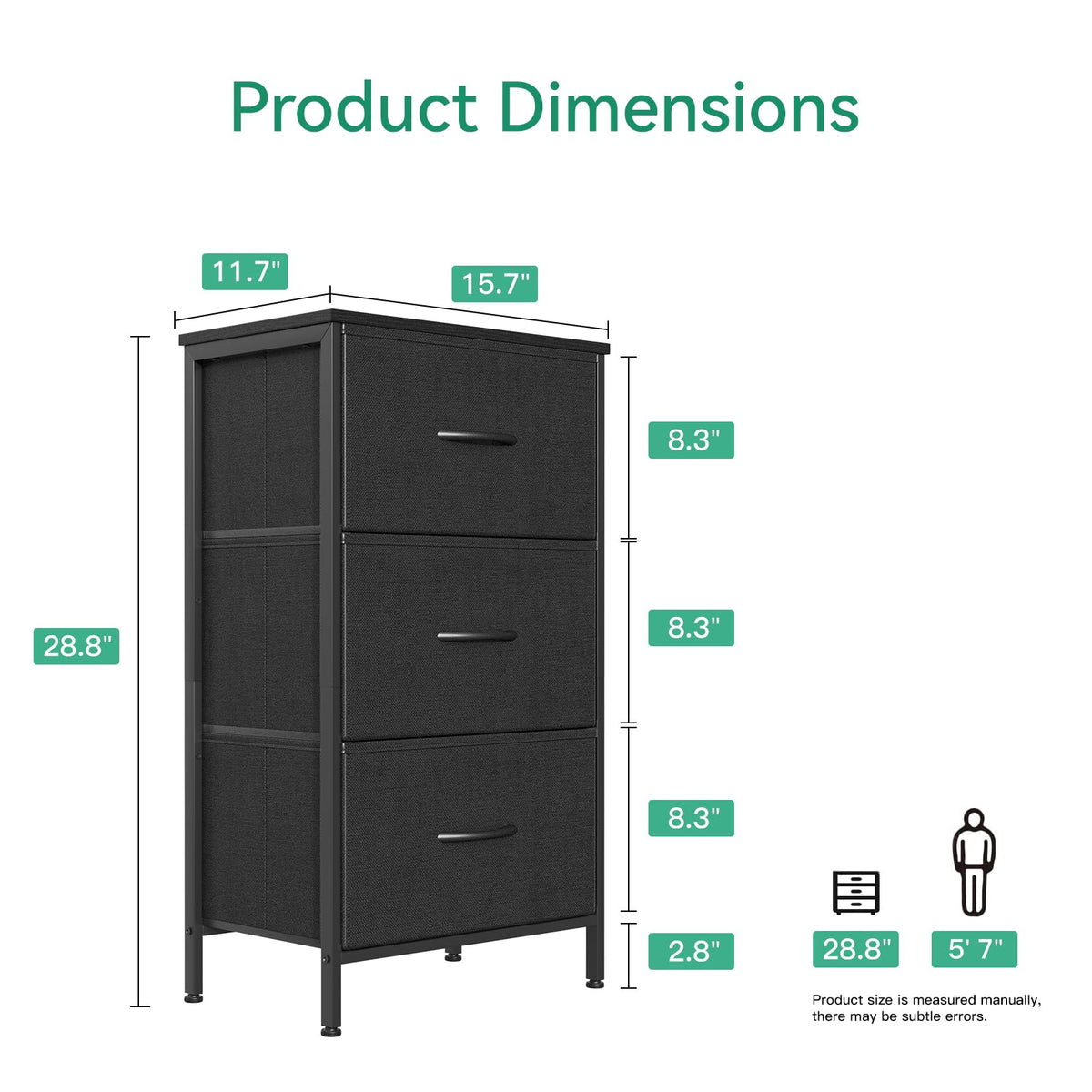 AODK Dresser for Bedroom Nightstand Small Dressers Chest of Drawers End Table for Living Room, Closet Dresser with 3 Storage Drawers Organizer Clothes, Black