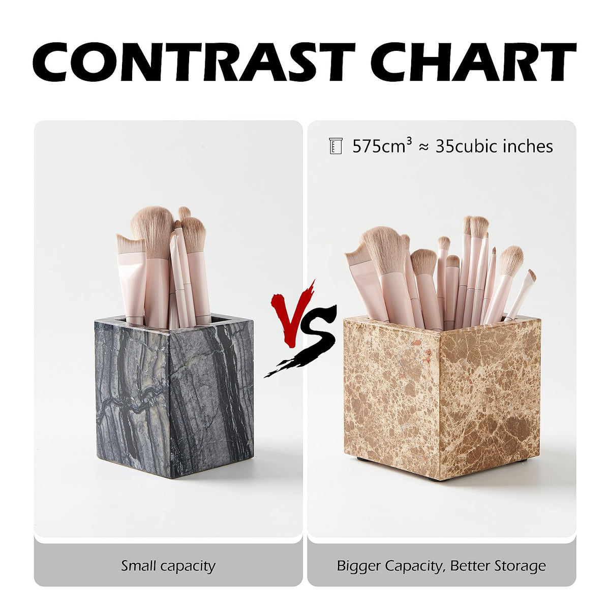 Natural Marble Makeup Brush Holder & Toothbrush Holder, Non-Ceramic, Non-Resin 3.93 Inch Square Marble Jar,Makeup Brush Organizer Suitable for Bathroom, Desk, and Living Room（Dark Brown）