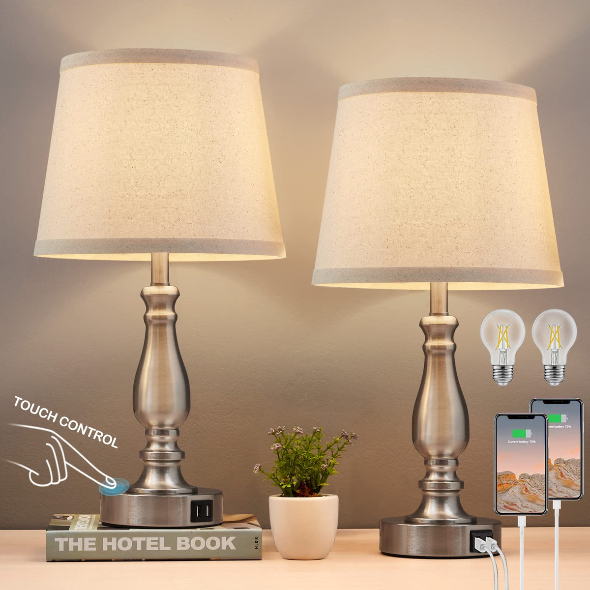 EJIAXIN Lamps for Bedrooms Set of 2, Brushed Nickel Bedside Lamps with USB C+A Ports,Dimmable Nightstand Lamps with Fabric Lampshade, Touch Table Lamp for Living Room Bedroom Office, Bulbs Included
