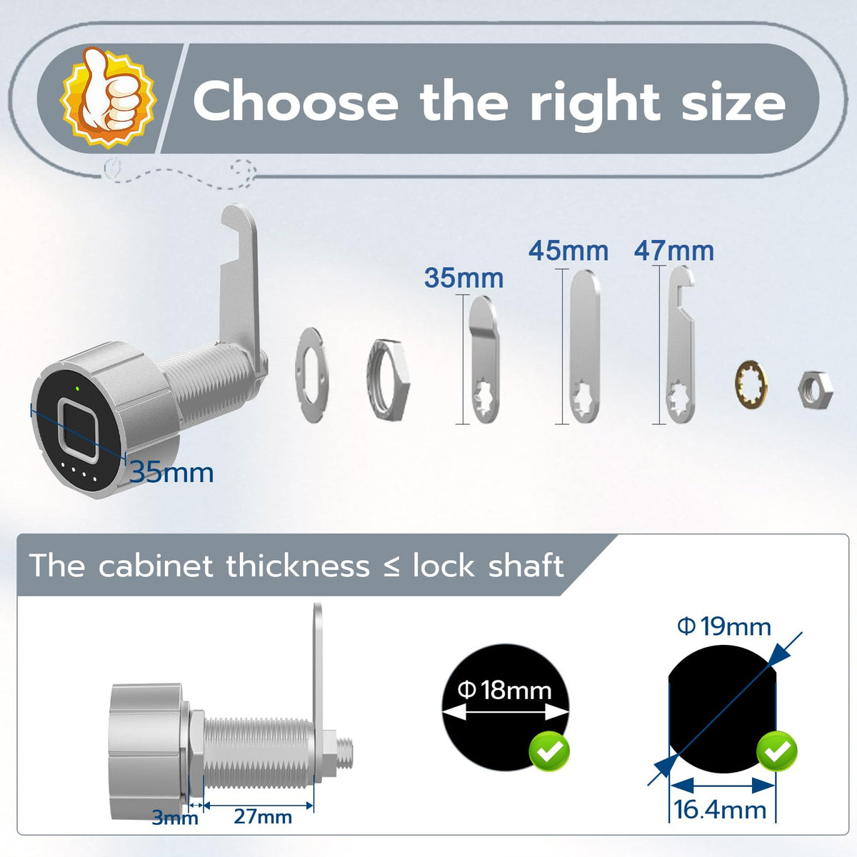 Pothunder Smart Cabinet Lock, 1 1/8" (30mm) Long Cabinet Cam Lock with Fingerprint Bluetooth APP, Digital Keyless Biometric Child Safety Lock for Drawer Cabinets Storage Mailbox