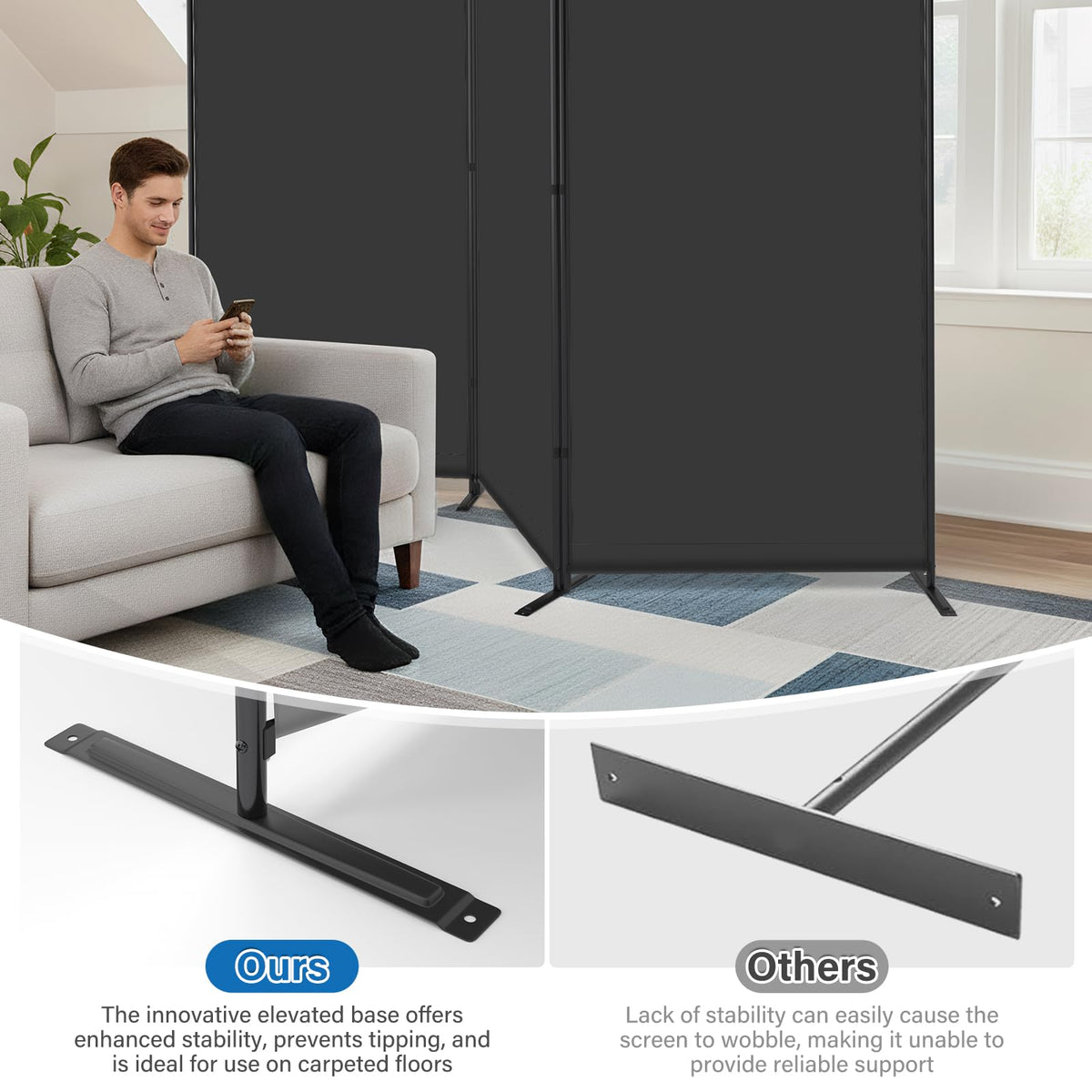 AKTOP Room Divider 3 Panel, Folding Fabric Wall Divider for Room Separation, Portable Room Partitions and Dividers 103"W x 70''H, Freestanding Privacy Screen for Office, Dorm, Studio, Classroom, Black