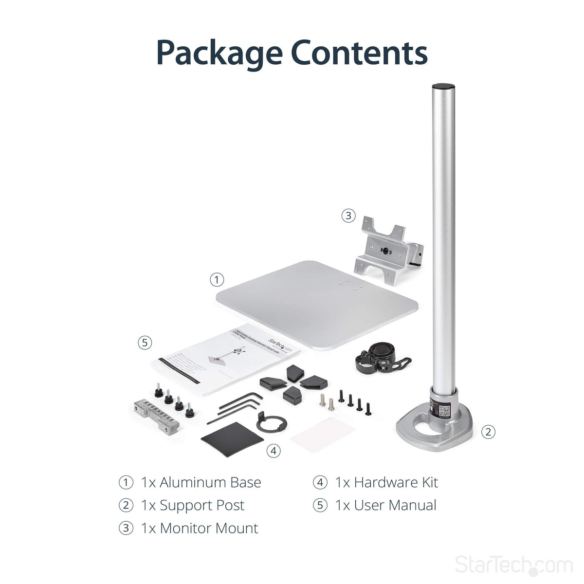 StarTech.com Single Monitor Stand, Adjustable, Supports UHD, iMac and Apple Thunderbolt Displays from 12'' to 34" (30.9lb/14kg), Premium Single Screen VESA Monitor Mount Stand, Silver, TAA