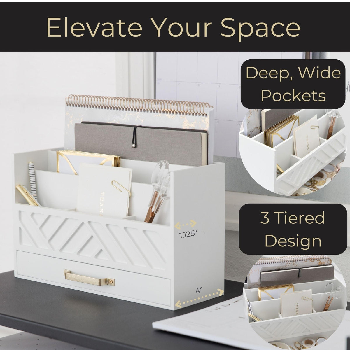 BLU MONACO | White Wooden Mail Organizer with Drawer & Gold Handle | Mail Sorter Organizer Countertop | Tabletop Organizer with Drawers & Outgoing Mail Holder