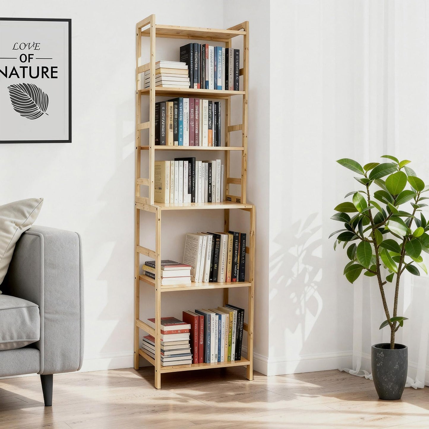 EIUTQRU Bamboo Living Room Bookcases, 6 Tier Standing Ladder Shelf Bookshelf, Multifunctional Narrow Shelving Unit Storage Rack for Garage, kitchen, Office, Bookroom, Corner, 42 x 30 x 160 cm