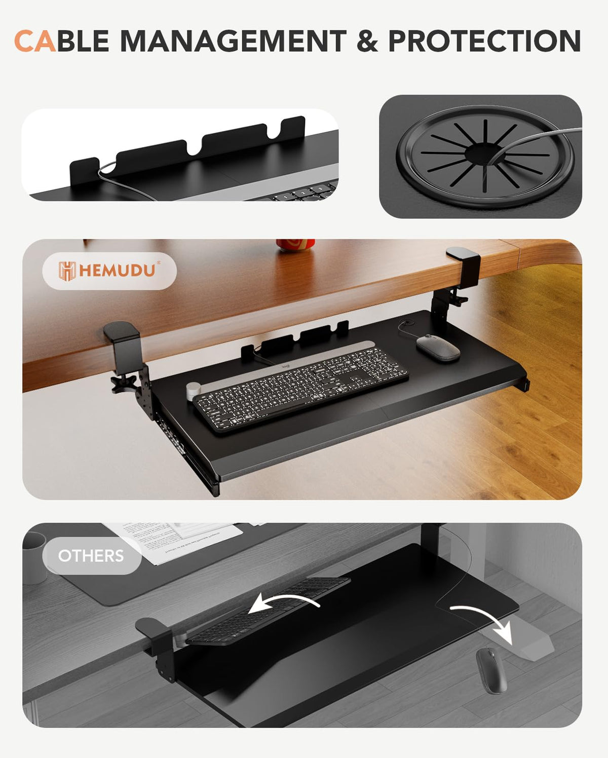 Hemudu Keyboard Tray Under Desk Pull Out with Extra Sturdy C Clamp Mount System, 27.3 (32.5 inch Including Clamps) x 11 Inch Slide-Out Platform Computer Drawer for Typing Black