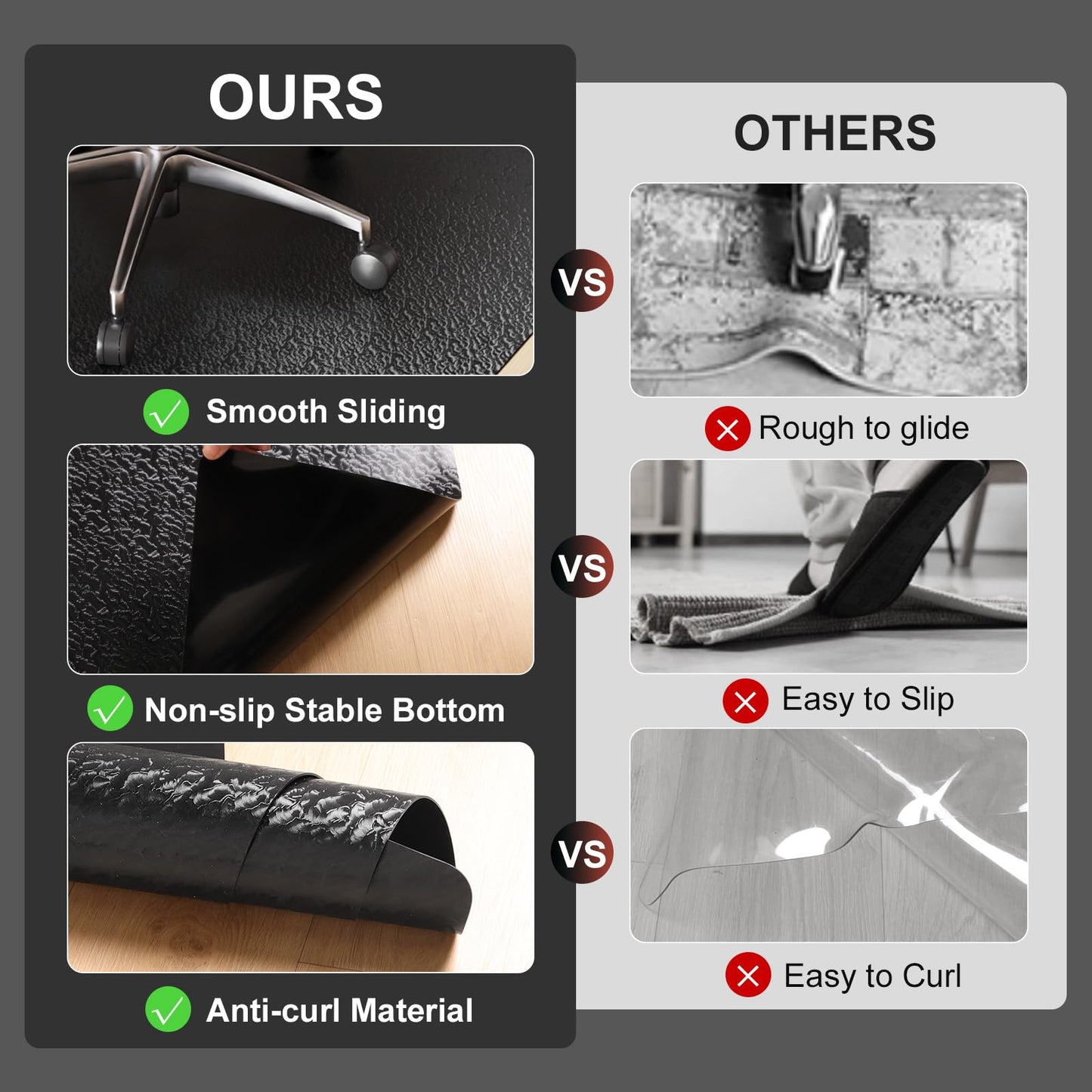 Mymeely Office Chair Mat for Hardwood Floor, 60"x75" Large Black PVC Computer Desk Chair Mat with Unique Pattern for Gaming, Anti-Slip Floor Protector for Home Office, Rolling Chair