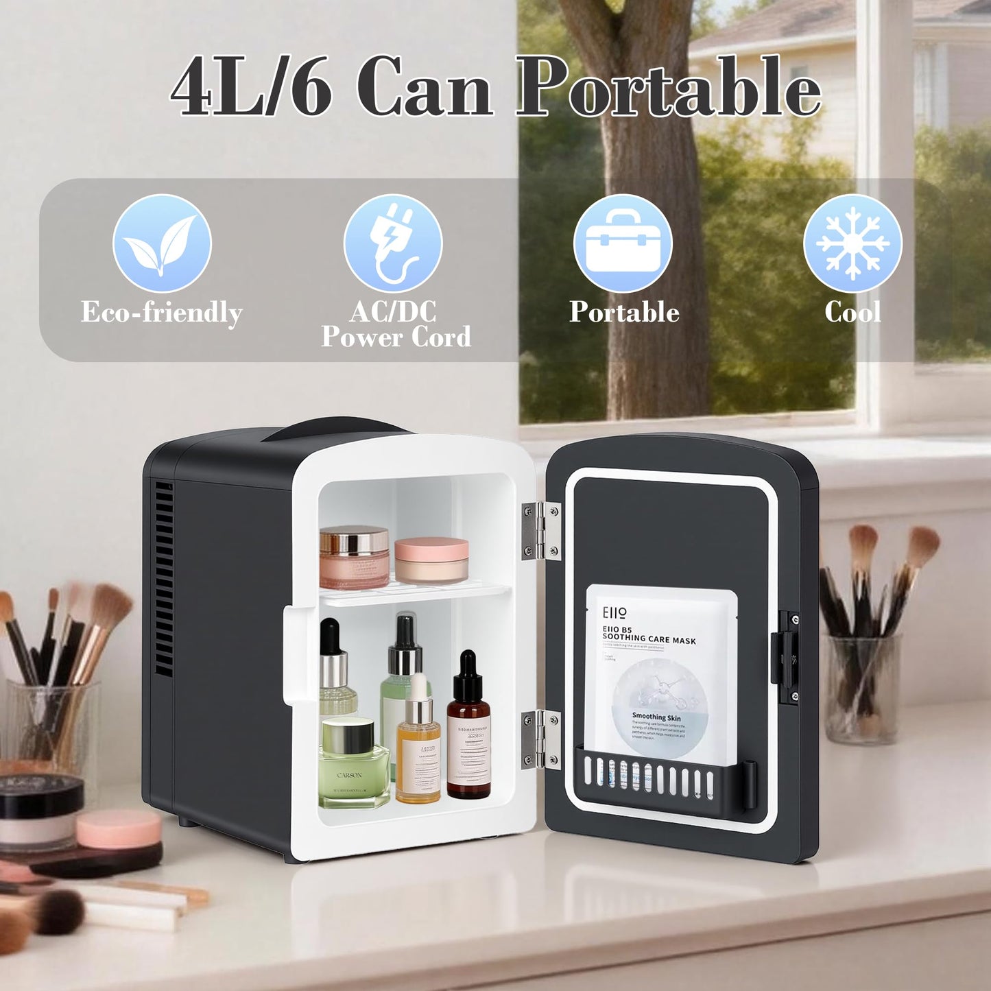 Iceblue Mini Fridge, Skincare Fridge with Dimmable LED Light Mirror, 4 Liter /6 Cans Small Refrigerator for Beauty & Beverages,Mini Fridge for Bedroom, Car, Office & Dorm, Gift - Black