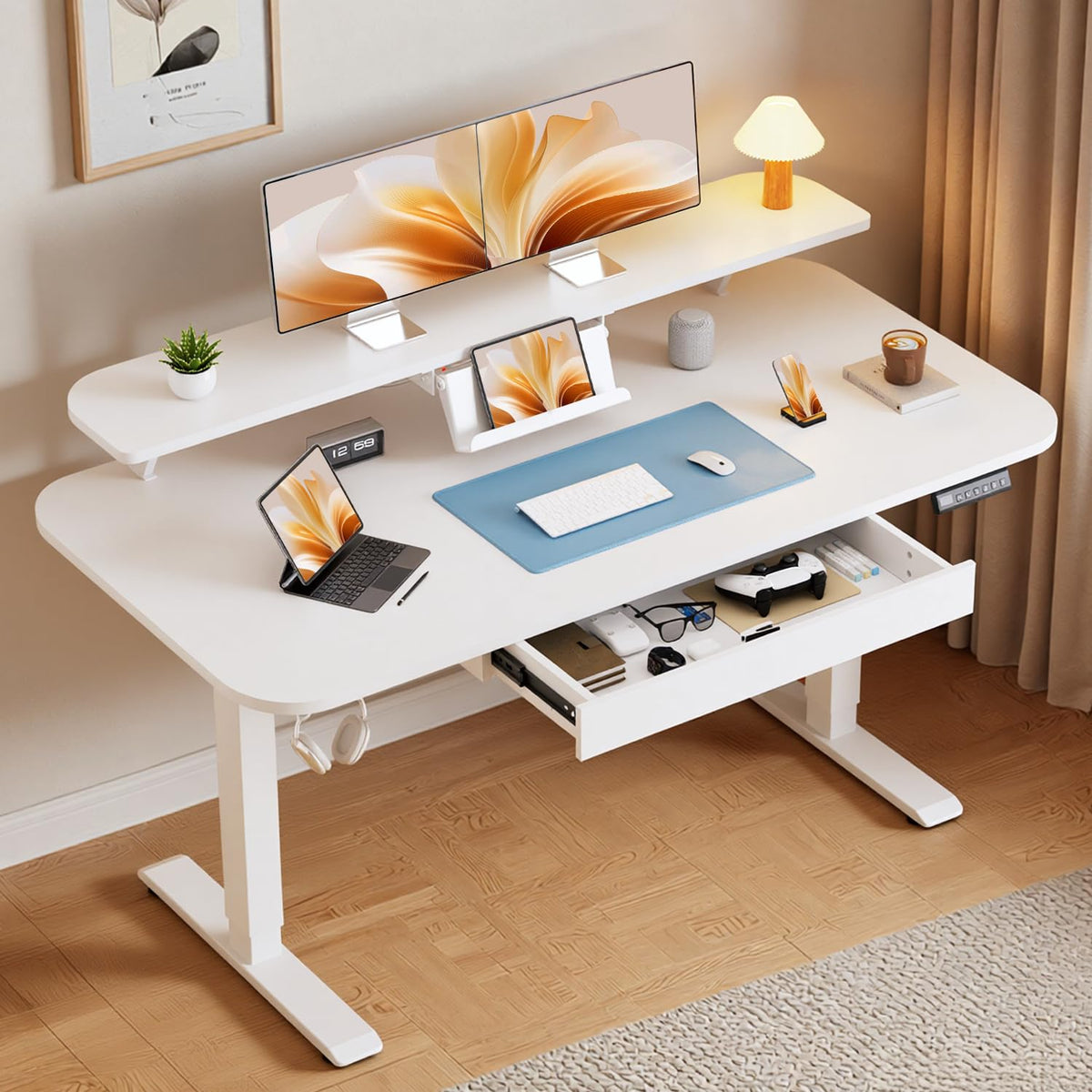 GTPLAYER Electric Standing Desk with Drawers, 48 x 24 Inches Height Adjustable Computer Desk with Monitor Stand, Laptop Stand, Home Office Sit Stand Up Desk with Memory Preset, White