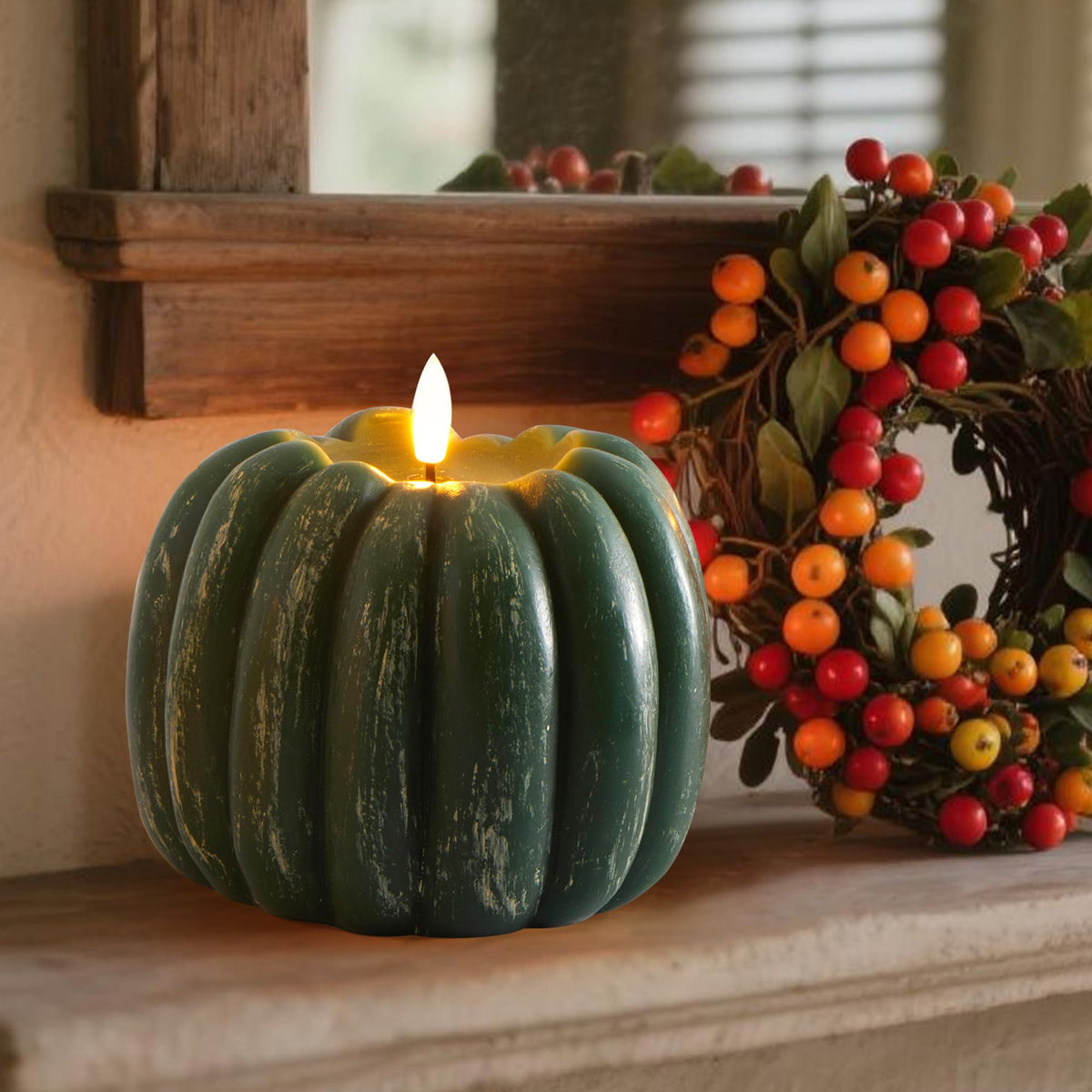 Velsyn Fall Decorations for Home, Flickering Flameless Wax Pumpkin LED Candle with Timer Remote Control, Thanksgiving Gifts, Autumn Farmhouse Rustic Harvest Decor for Tiered Tray Table Indoor (Green)