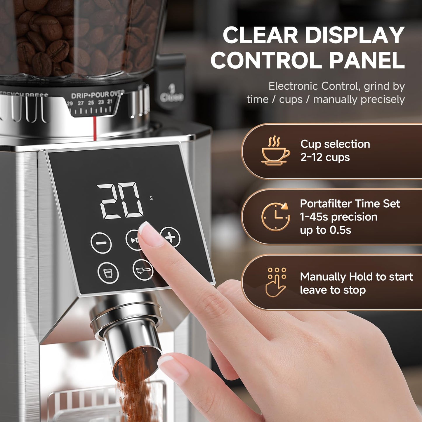 Burr Coffee Grinder with 45 Grind Settings, 40mm Conical Burr, Anti-Static Technology, Touchscreen Control, 300g Bean Hopper, Stainless Steel Body, for Espresso to French Press, Easy to Clean