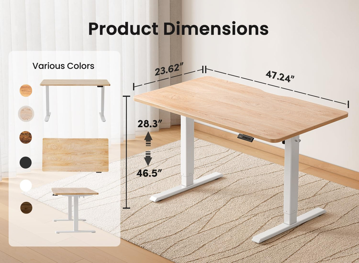 BANTI 48 × 24 Inches Standing Desk, Ergonomic, Electric Height Adjustable, Sit and Stand Up, Computer Office Desk with Splice Board, White Frame/Maple Top