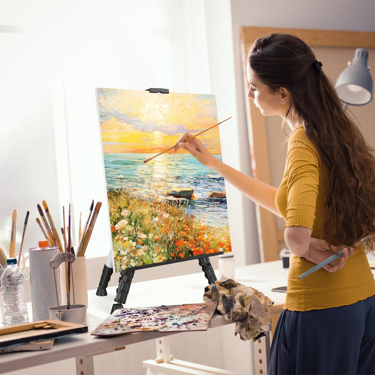 Art Easel Stand for Painting or Sign, Portable Adjustable 66 inches Display Tripod Artist Floor Aluminum Metal Easel with 1 Bag for Table-top/Floor Drawing, Sturdy for Canvases Displaying - Silver
