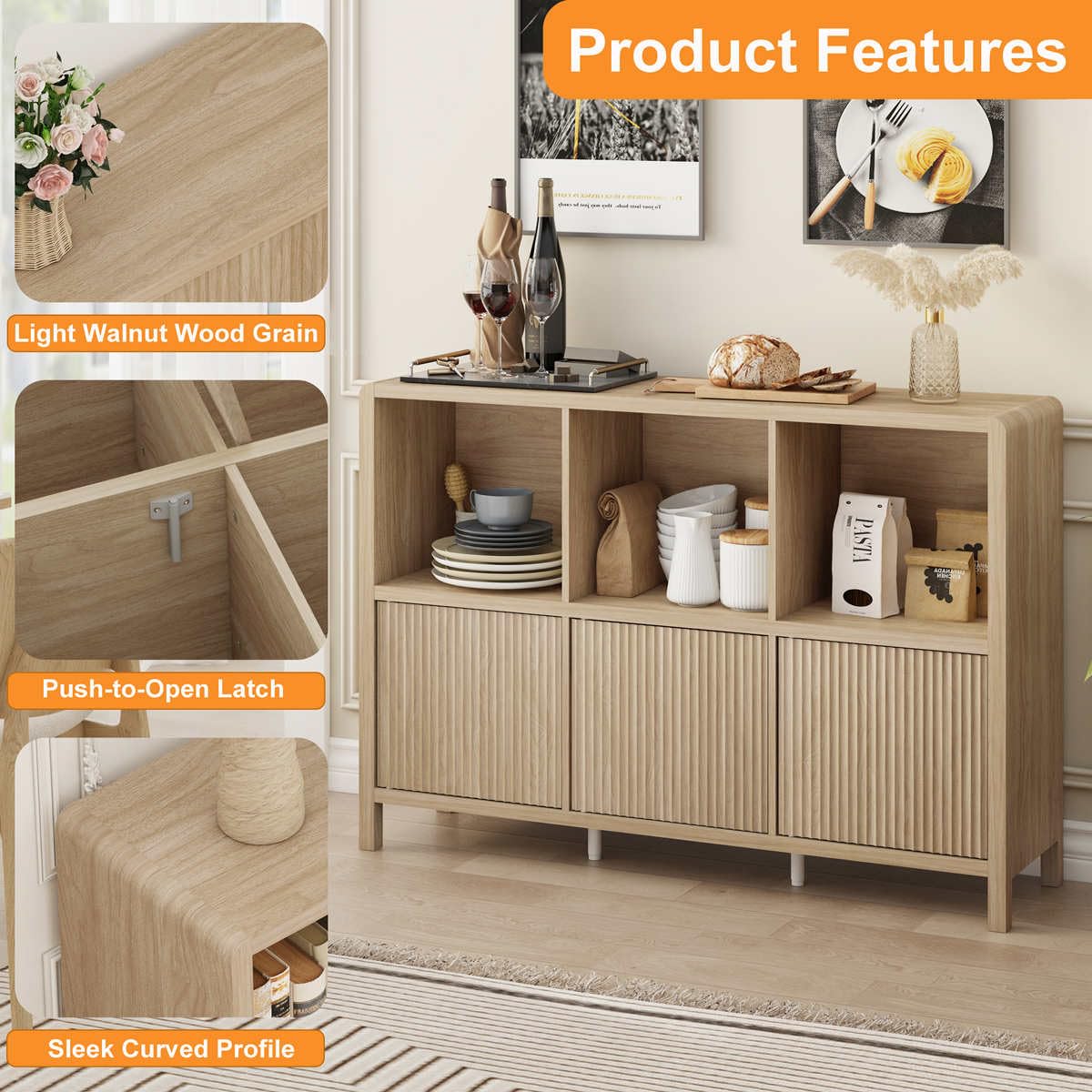 FATORRI 6 Cube Horizontal Bookshelf with 3 Doors, Modern Wood Book Shelf with Storage, Low Cubby Bookcase for Home Office (Light Walnut)