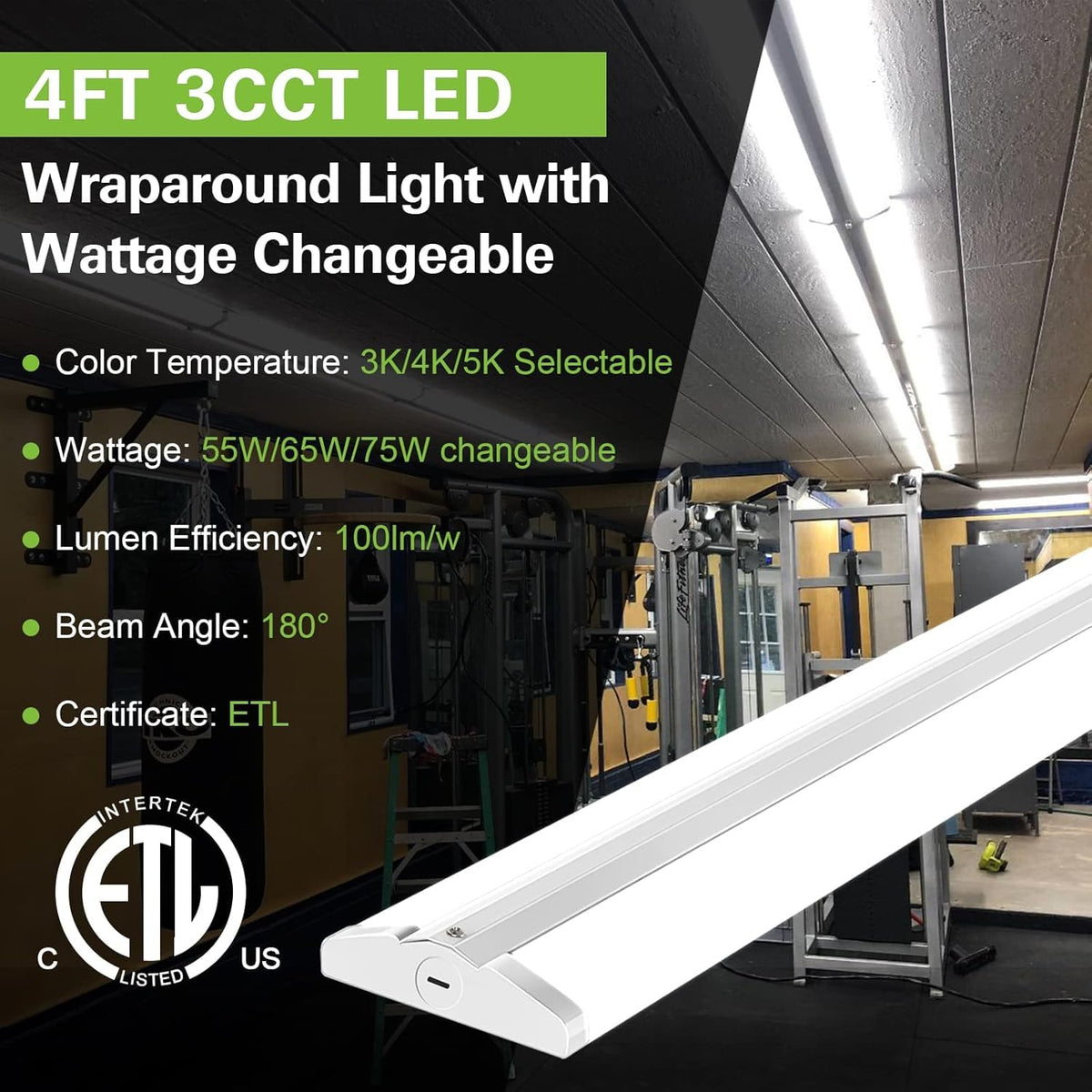 hykolity 4FT LED Wraparound Light with 3 Wattages/3 Lumens/3 CCT Selectable, 55W/65W/75W, 5500lm/6500lm/7500lm, 3000K/4000K/5000K Flush Mount Ceiling Light for Office Kitchen, ETL, 4 Pack