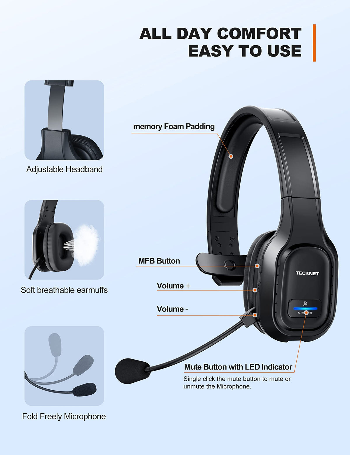 TECKNET Trucker Bluetooth Headset, Trucker Bluetooth Headphones with Microphone AI Noise Canceling Wireless On Ear Headset, Hands Free Wireless Headset for Cell Phone Computer Office Home (Black)