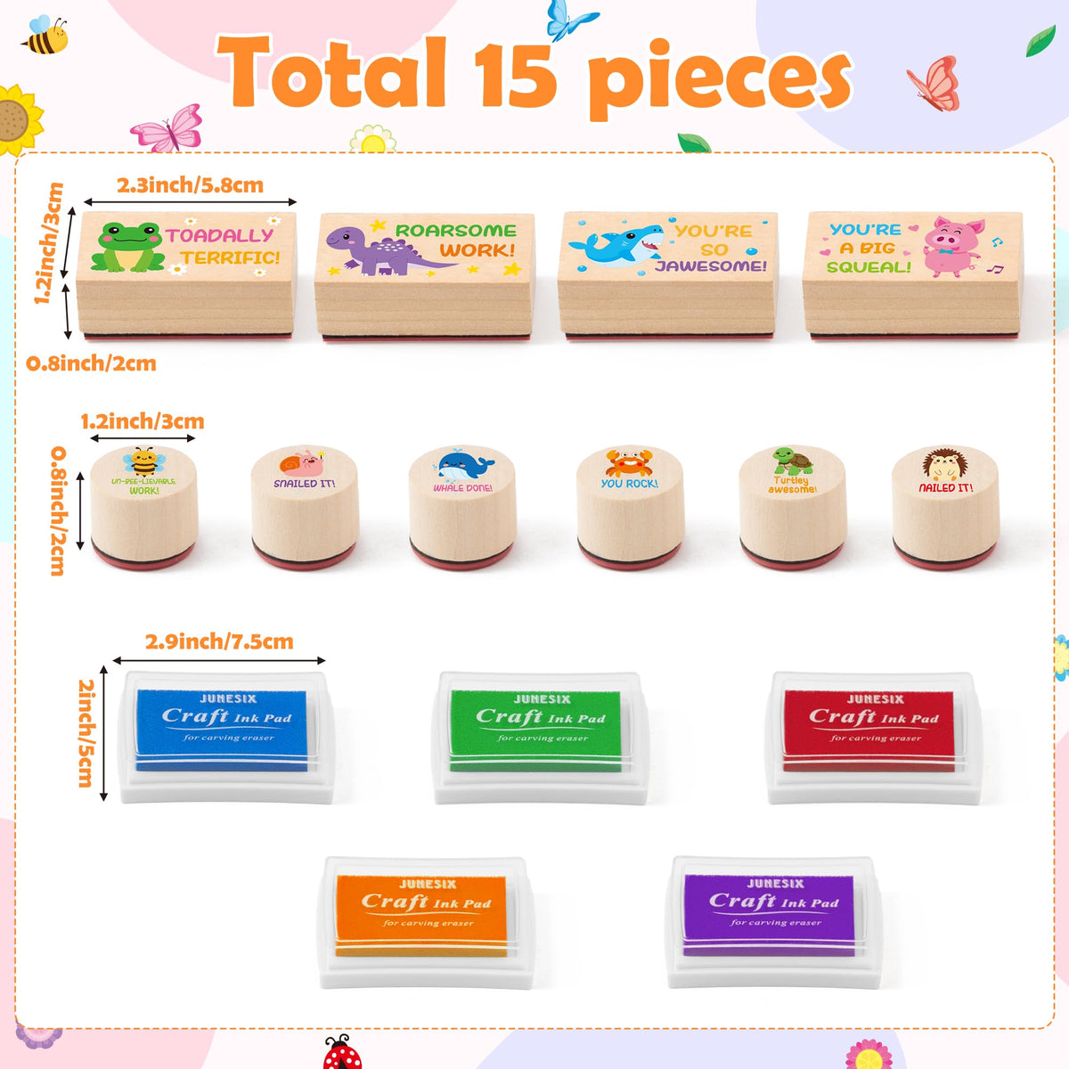 CJiangpo 15Pcs Teacher Wooden Rubber Stamps Set Cute Animal Encouraging Messages Stamps Ink Pads Teaching Print for Classroom Grading Homework Test Motivation Teacher Supplies Students Behavior Reward