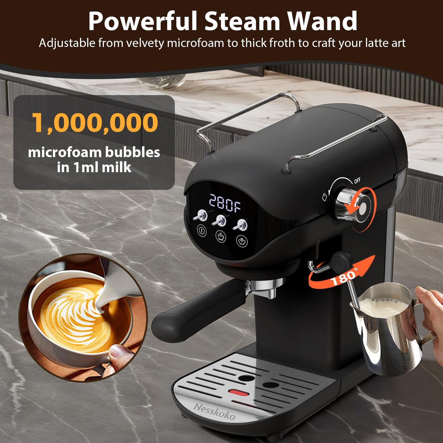 Nesskoko Espresso Machine with Steam Milk Frother Semi Automatic 20 Bar Compact Black with Toggle Switch for home Cafetera Espresso, Latte, Cappuccino, Americano, Macchiato