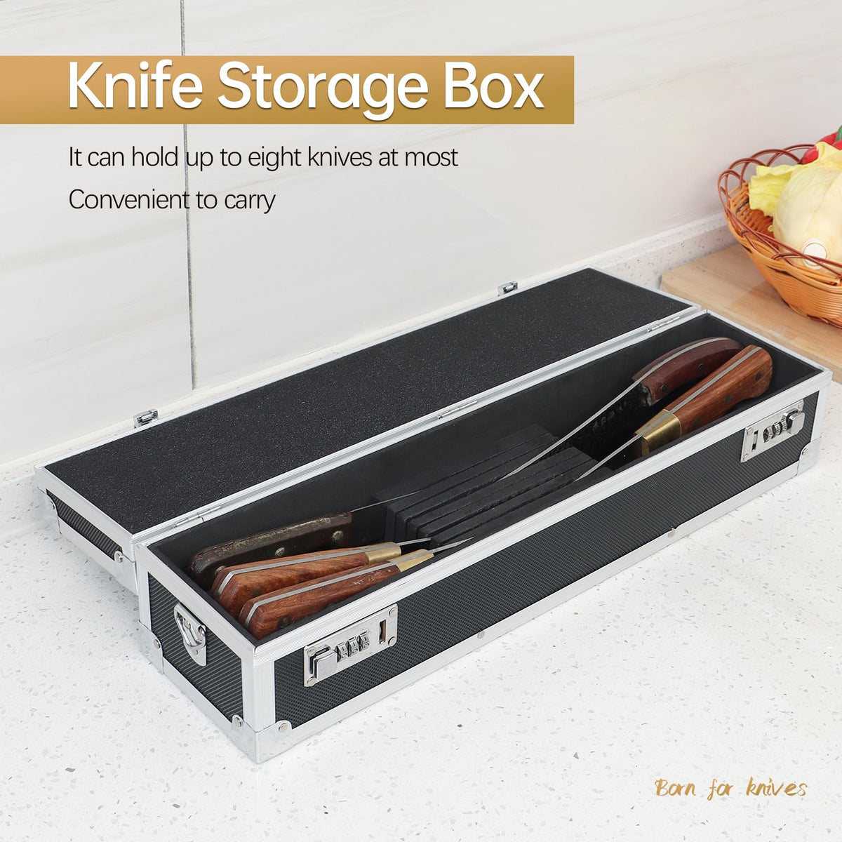 Chef’s Knife Case Aluminum Hard Case with Dual Combination Locks Cultery Carrier Portable Knife Organizer Block Holders Protectors With 8 Slots Can Hold Home Black