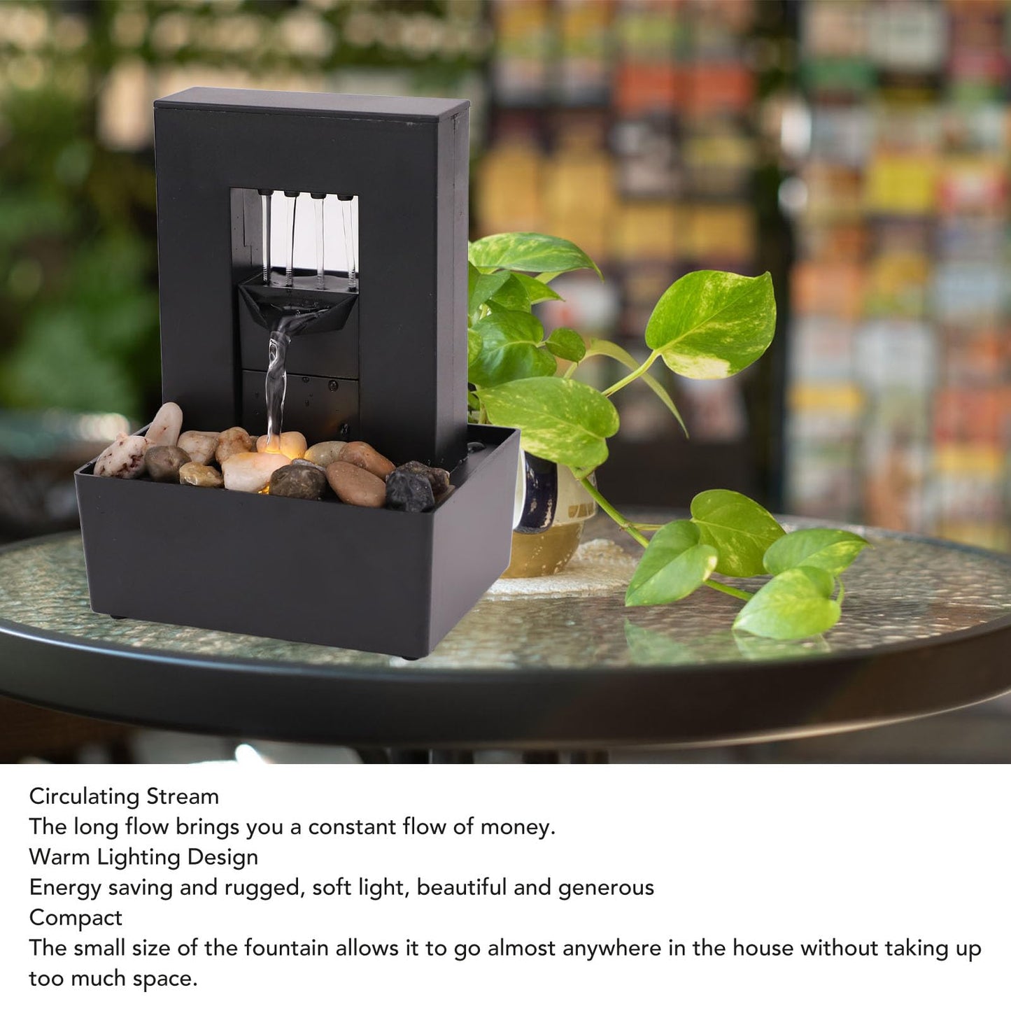 Buachois Tabletop Water Fountain,Small Plastic Indoor Fountain,USB Rechargeable Waterfall Fountain with LED Light,Gurgling Water and Polished Pebble for Feng Shui Effect