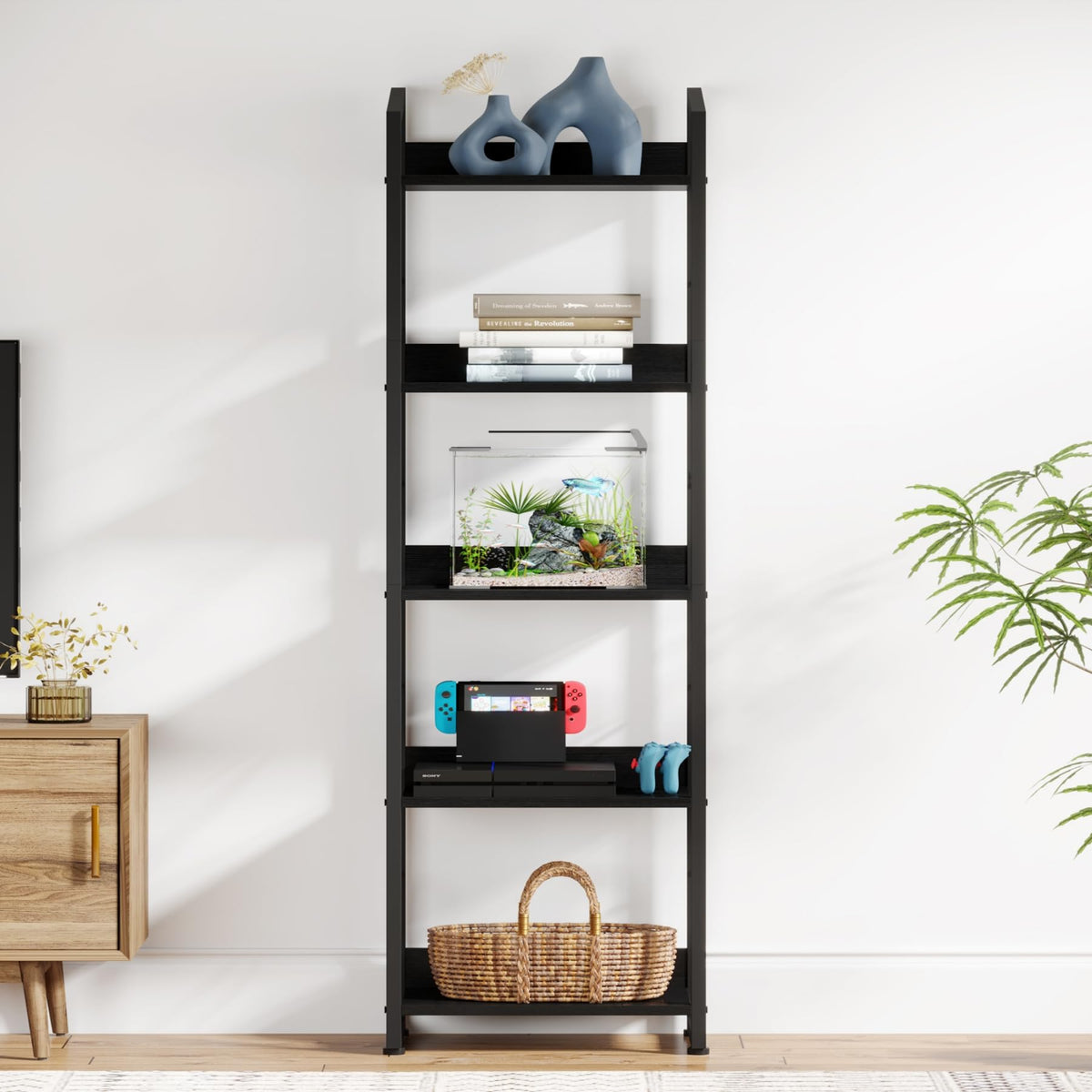 Hosfais 5 Tier Tall Bookshelf: Industrial Wood Book Shelf with Edge Protection Metal Narrow Bookshelf Bookcase Storage Organizer Display Rack for Living Room Home Office (Black)