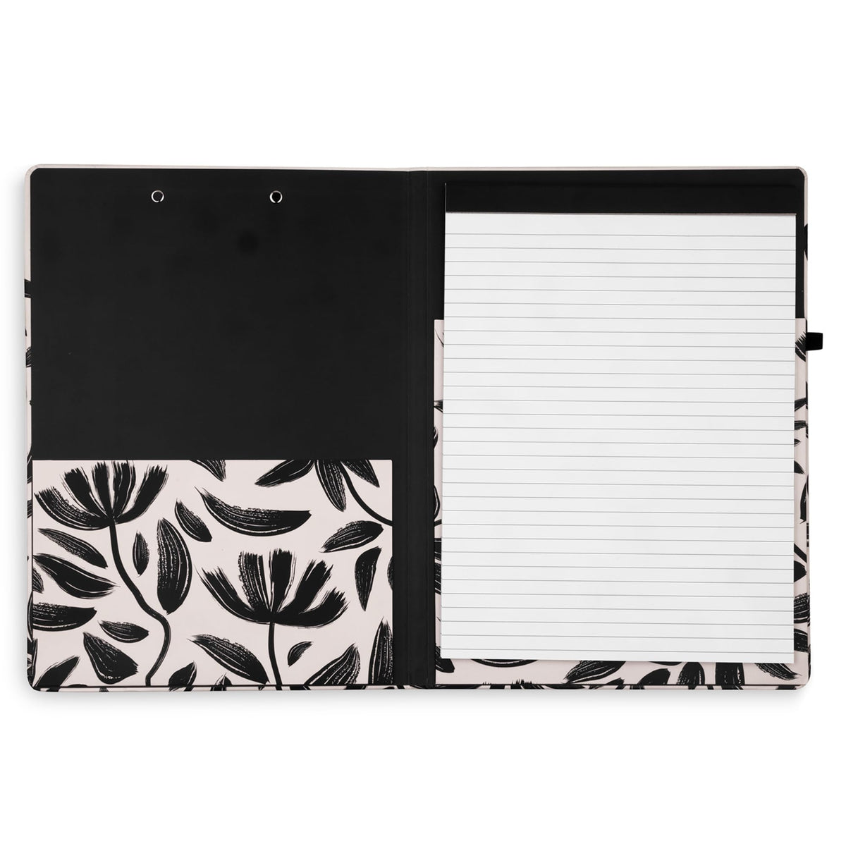 Steel Mill & Co Cute Clipboard Folio with Refillable Lined Notepad and Interior Storage Pocket, Padfolio for Work/Nursing/Teachers, Hand Drawn Black Floral