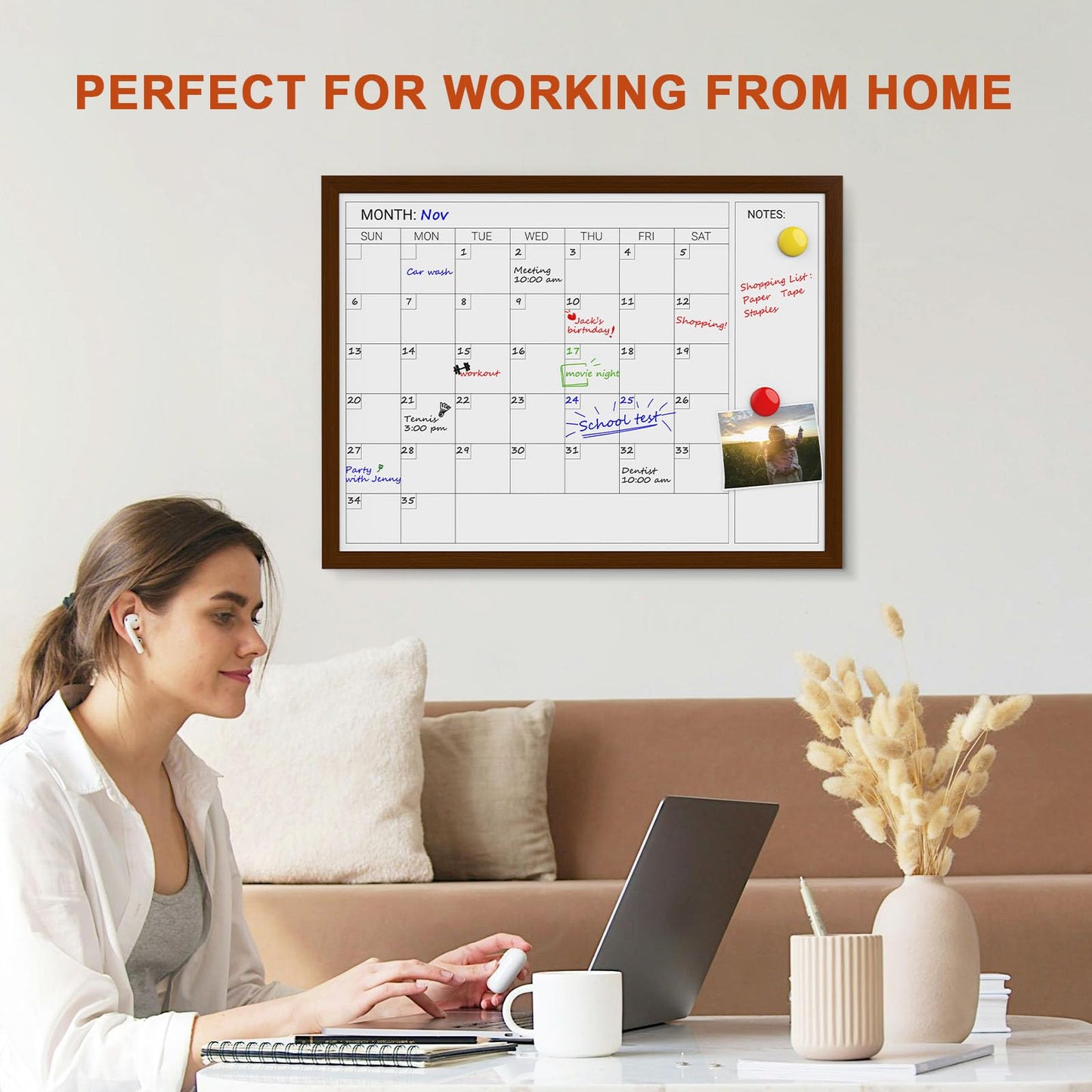 Comix Dry Erase Calendar Whiteboard for Wall, Magnetic Dry Erase White Board with Brown Wood Frame, 24 * 18 inches Decorative Planner Board for Office, Kitchen, School, Home