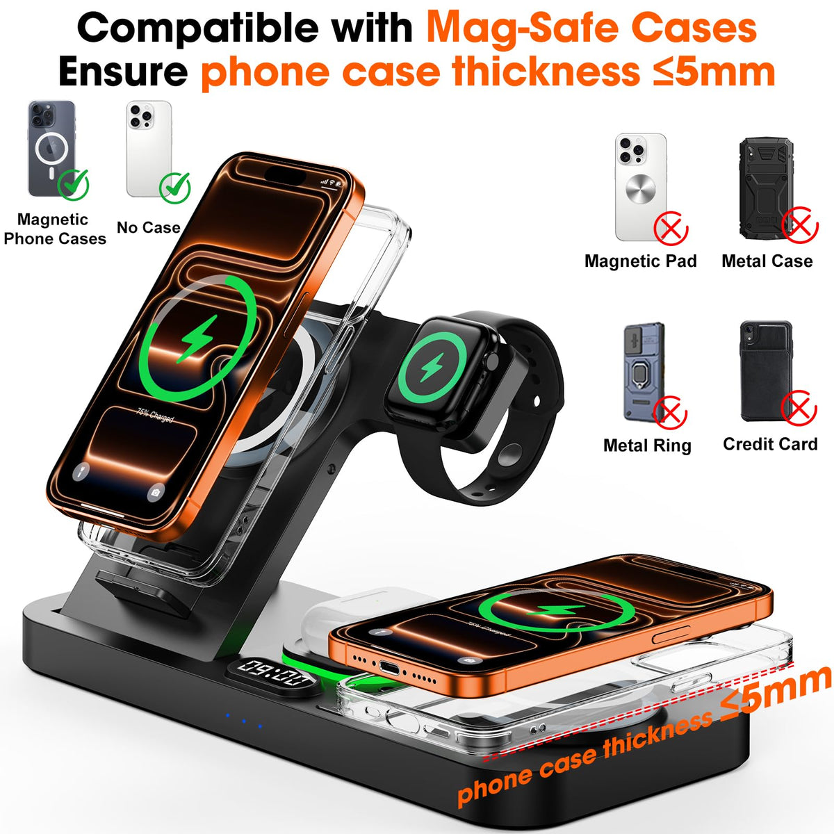 Dual Phone Magnetic Wireless Charging Station for Apple Devices/Apple Ecosystem, 7-Color Auto Light & 12H Clock, Multi-Device Charger for iPhone 17/16/15, for iWatch 11/10/9 & AirPods Pro3(Black