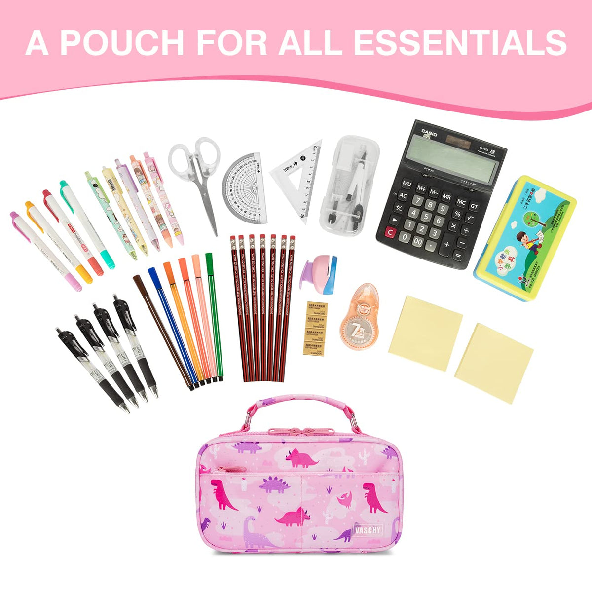 VASCHY Pencil Case for Girls, Aesthetic Kawaii Large Pencil Pouch Stationary Pencil Bag/Box for Preppy Kids, Pen Organizer Holder School Supply Pink Dinos